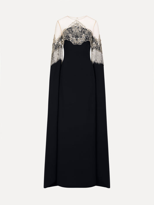 Porcelain Flower Lattice Fringe Caftan Navy / Oscar de la Renta