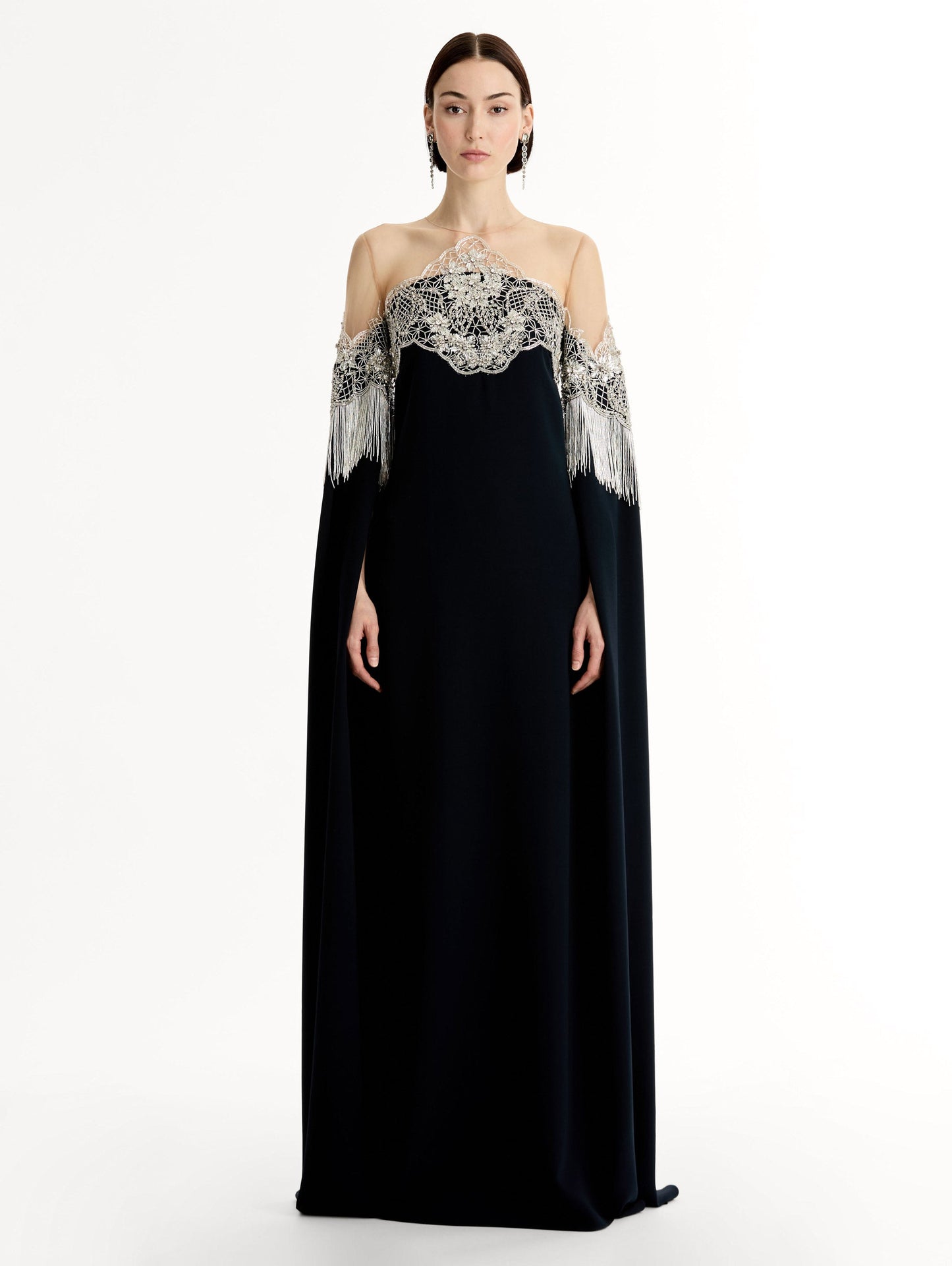 Porcelain Flower Lattice Fringe Caftan Navy / Oscar de la Renta