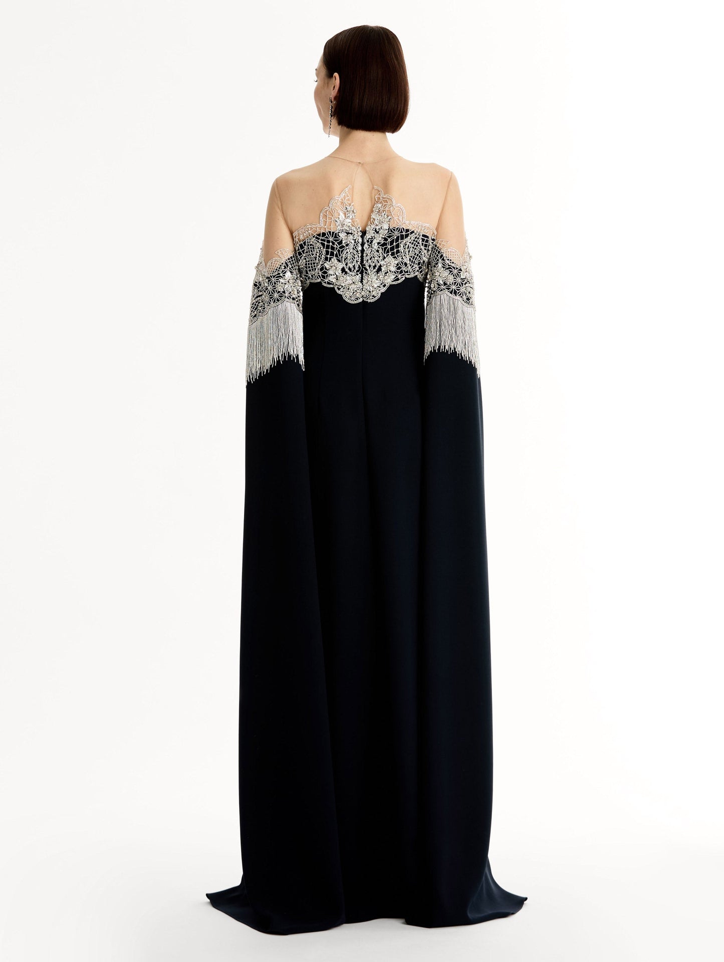 Porcelain Flower Lattice Fringe Caftan Navy / Oscar de la Renta