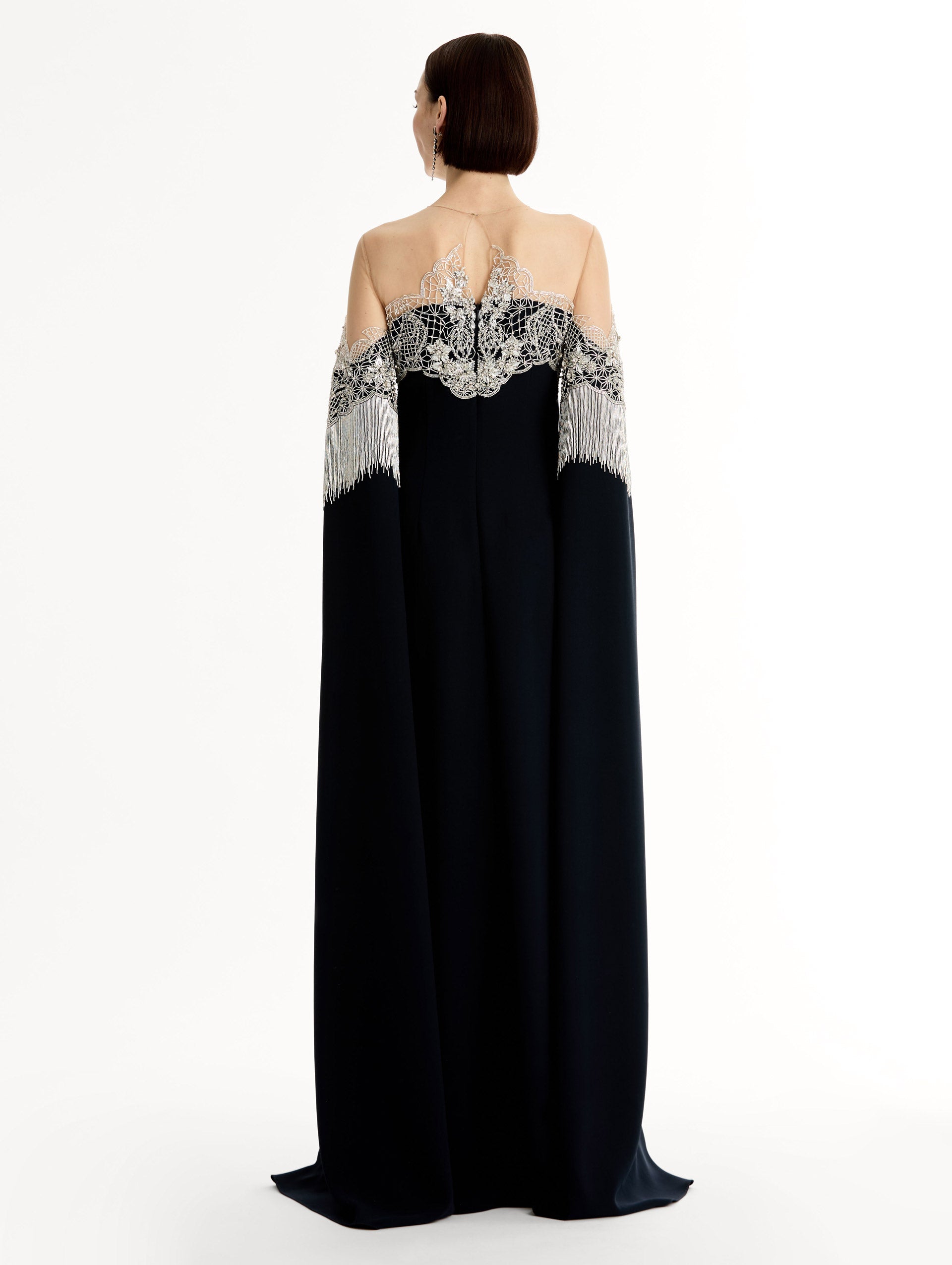 Porcelain Flower Lattice Fringe Caftan Navy / Oscar de la Renta