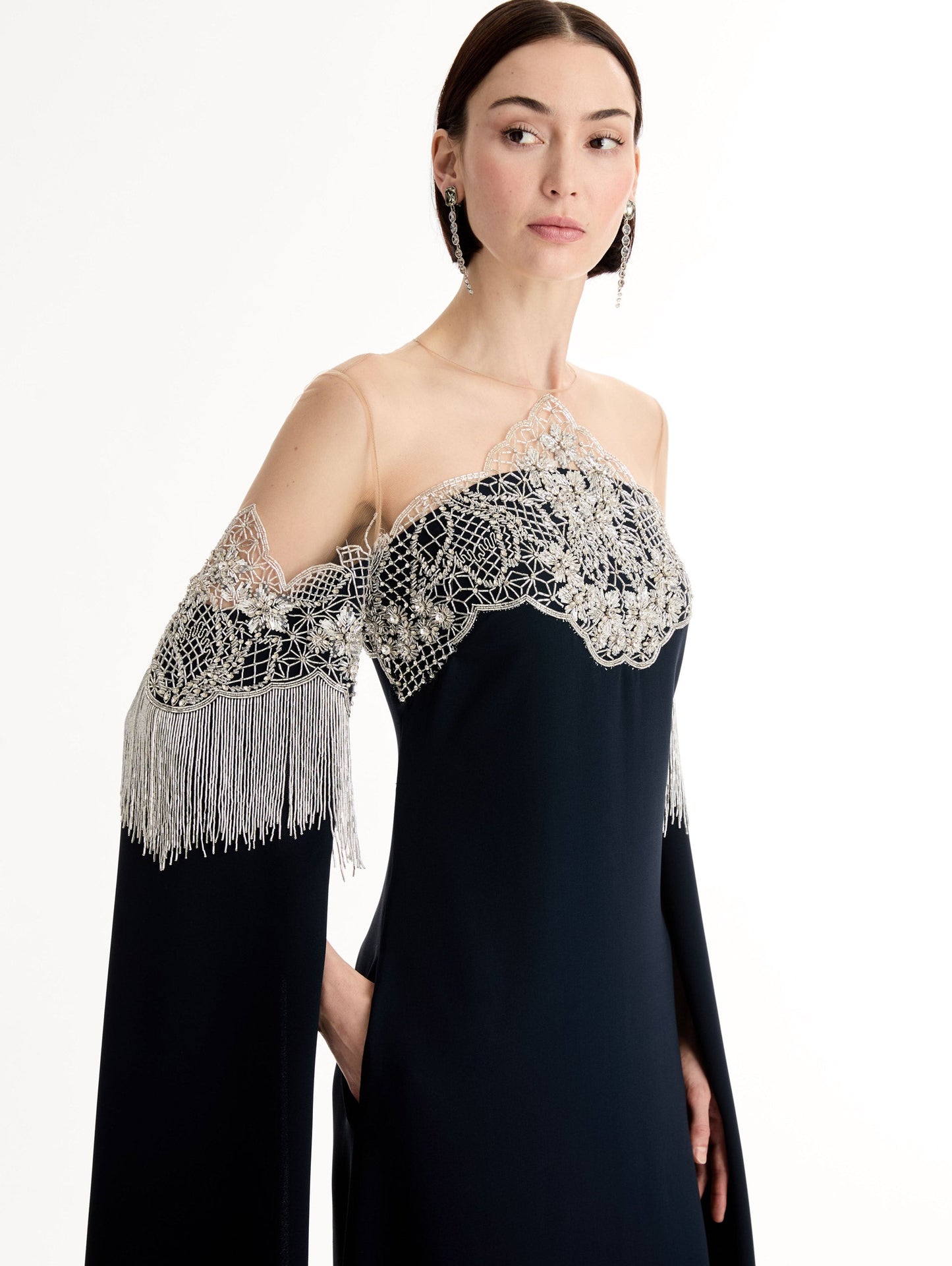 Porcelain Flower Lattice Fringe Caftan Navy / Oscar de la Renta