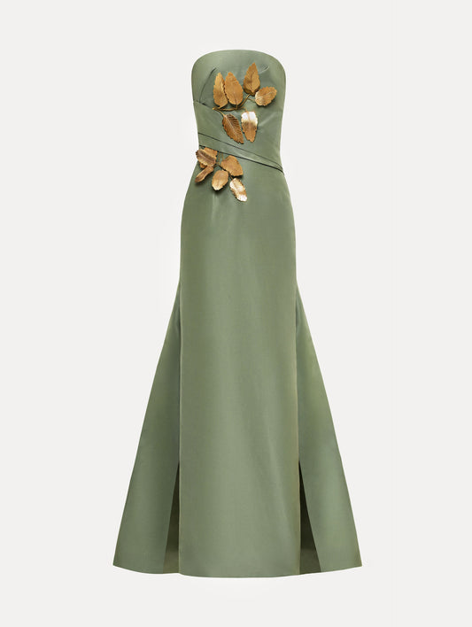 Gold Leaf Embroidered Faille Gown Thyme/gold / Oscar de la Renta