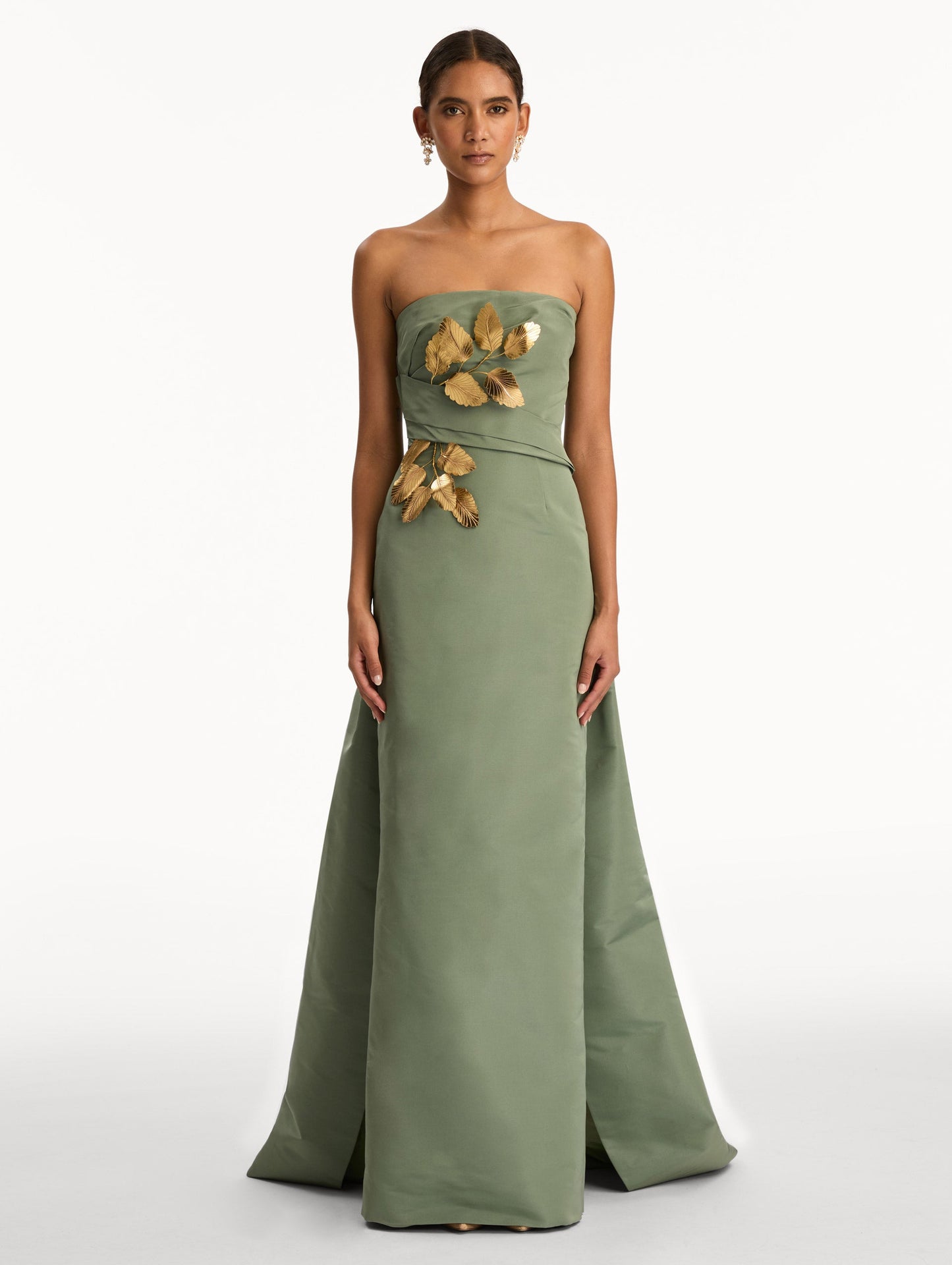 Gold Leaf Embroidered Faille Gown Thyme/gold / Oscar de la Renta