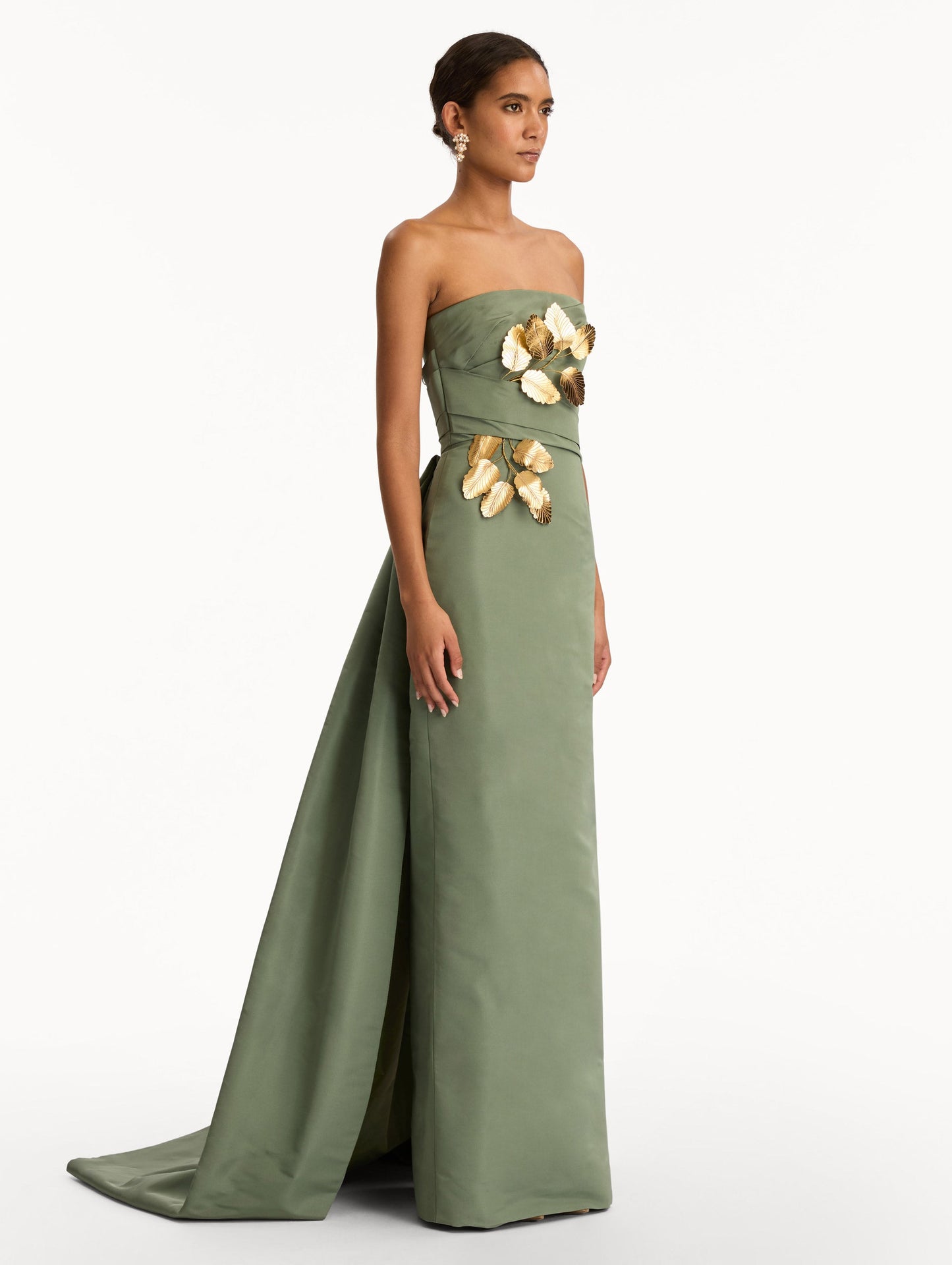 Gold Leaf Embroidered Faille Gown Thyme/gold / Oscar de la Renta