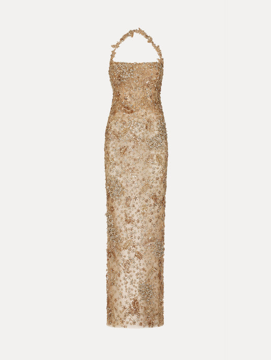 Porcelain Flower Crystal Embroidered Gown Champagne / Oscar de la Renta