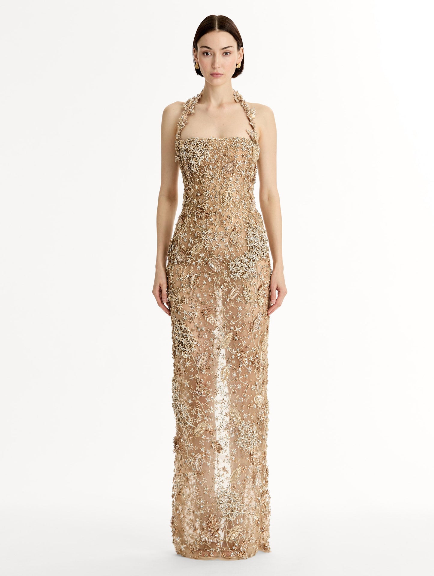 Porcelain Flower Crystal Embroidered Gown Champagne / Oscar de la Renta
