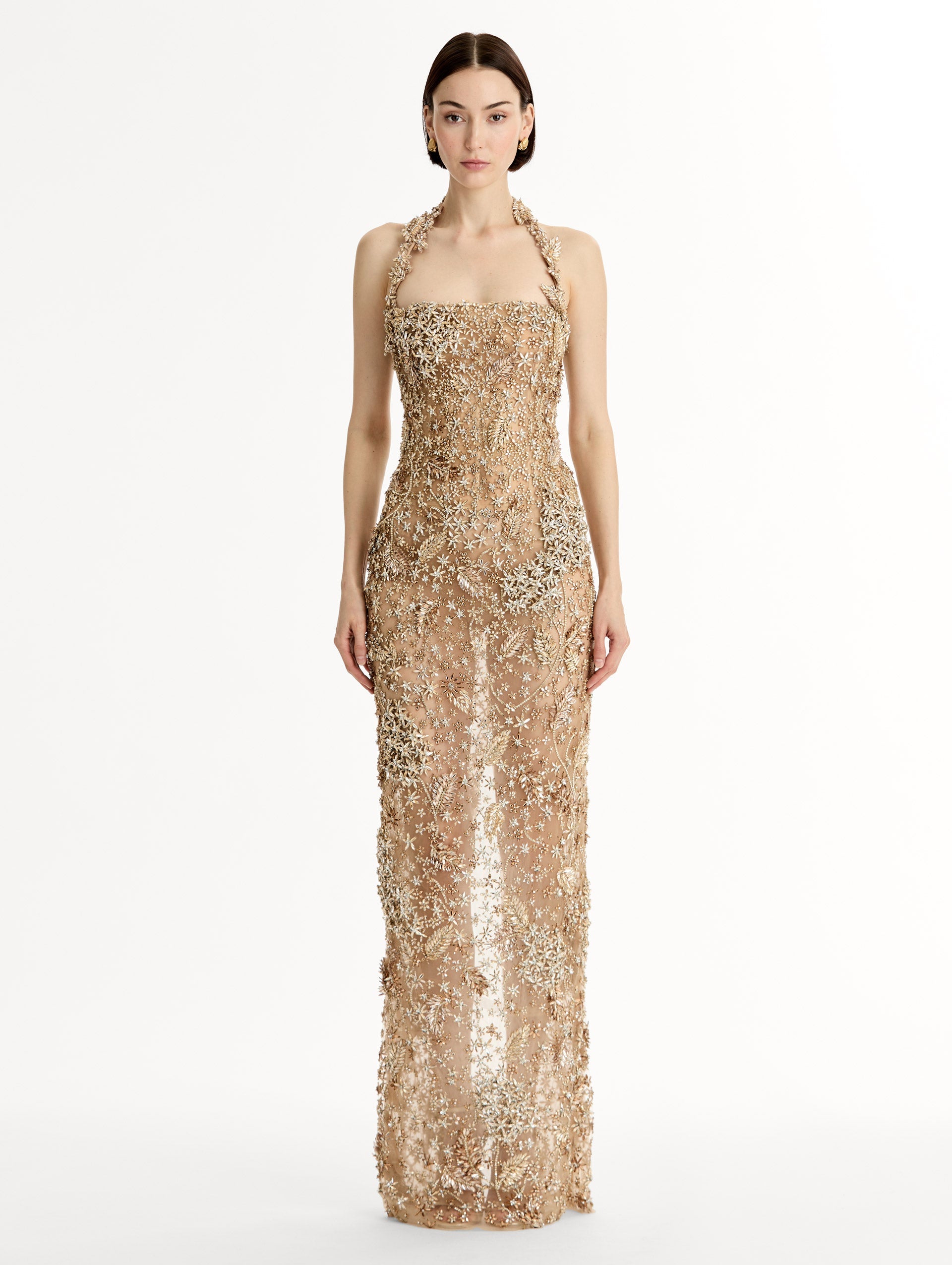 Porcelain Flower Crystal Embroidered Gown Champagne / Oscar de la Renta