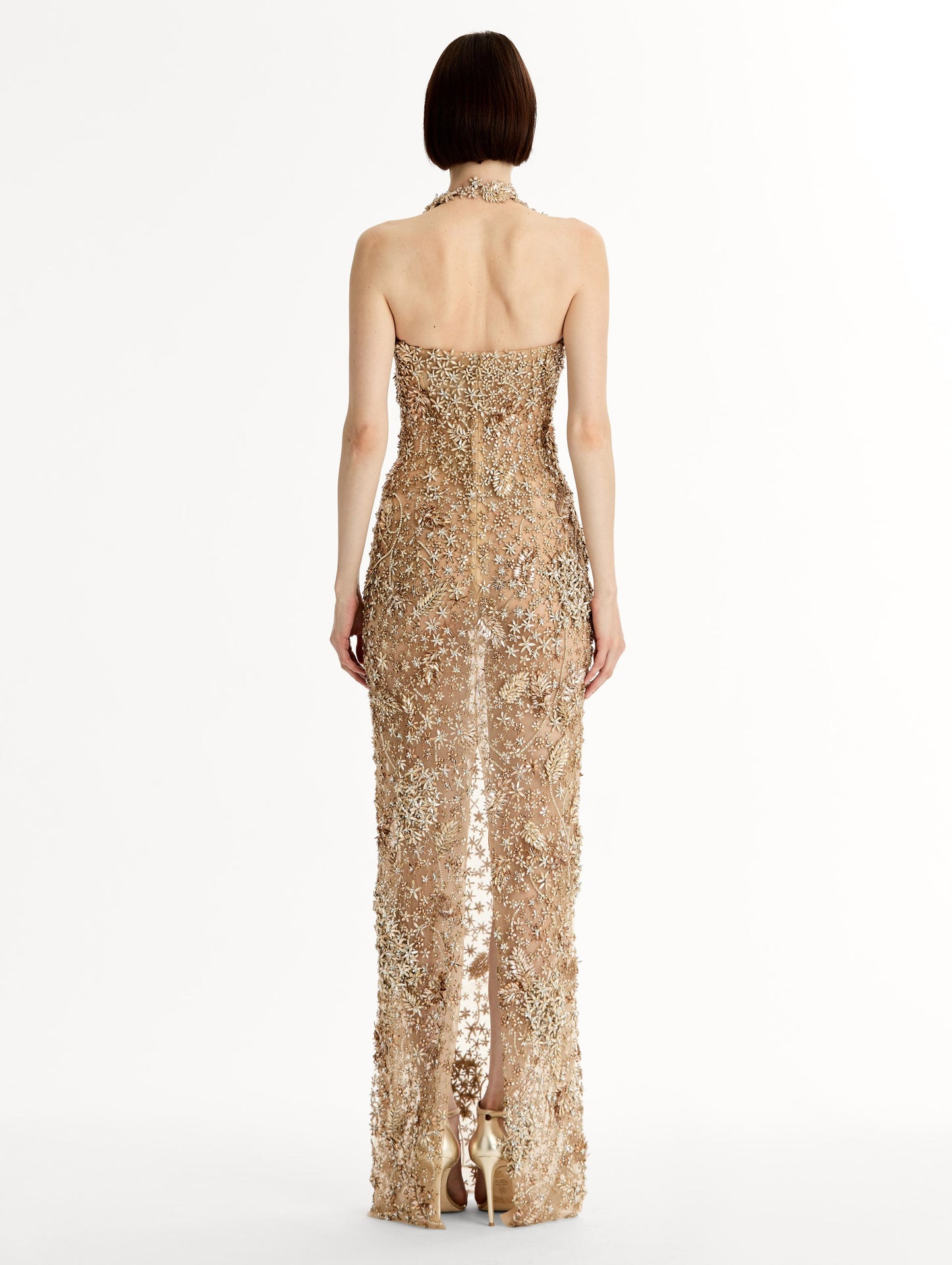 Porcelain Flower Crystal Embroidered Gown Champagne / Oscar de la Renta