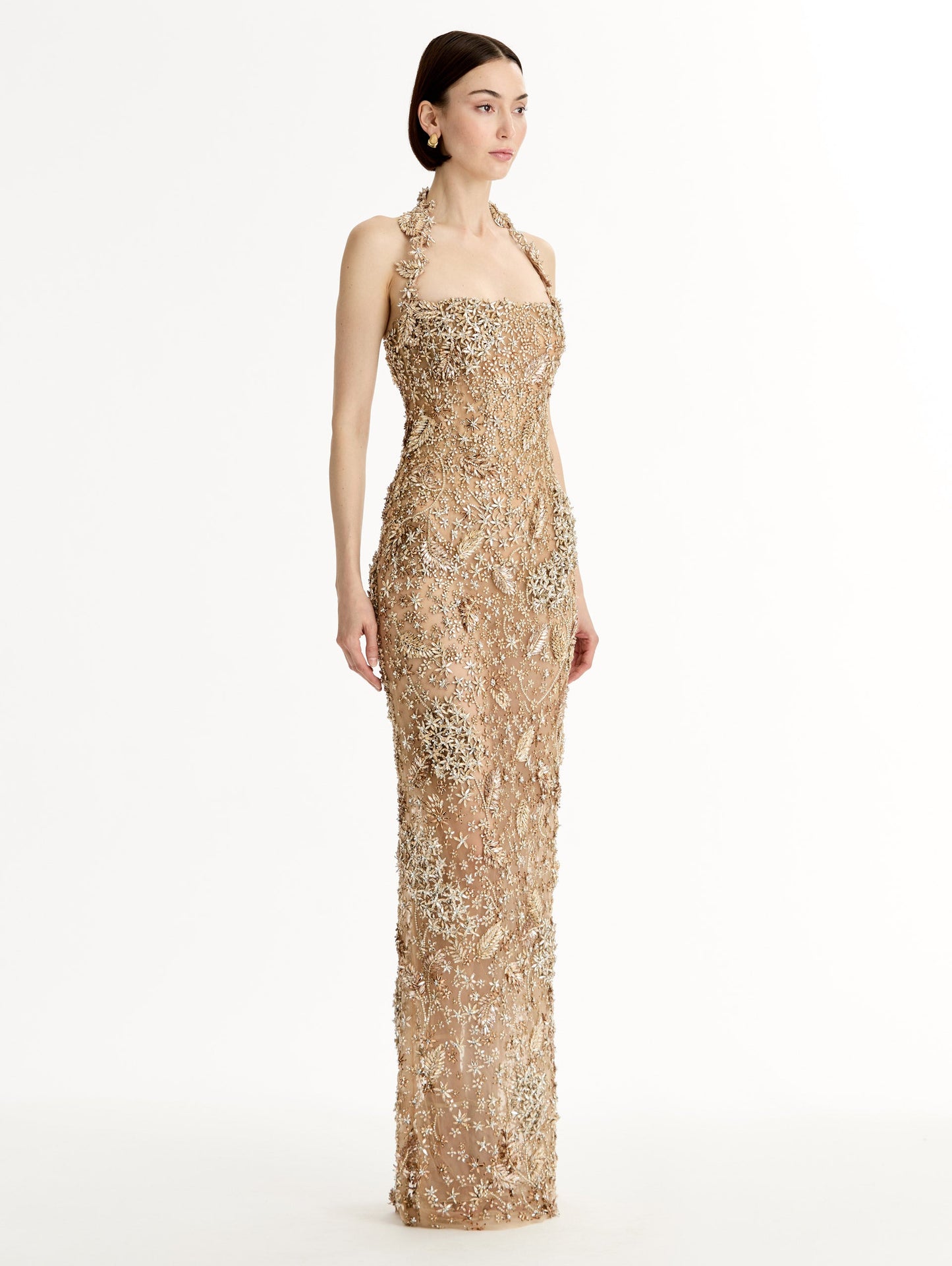 Porcelain Flower Crystal Embroidered Gown Champagne / Oscar de la Renta