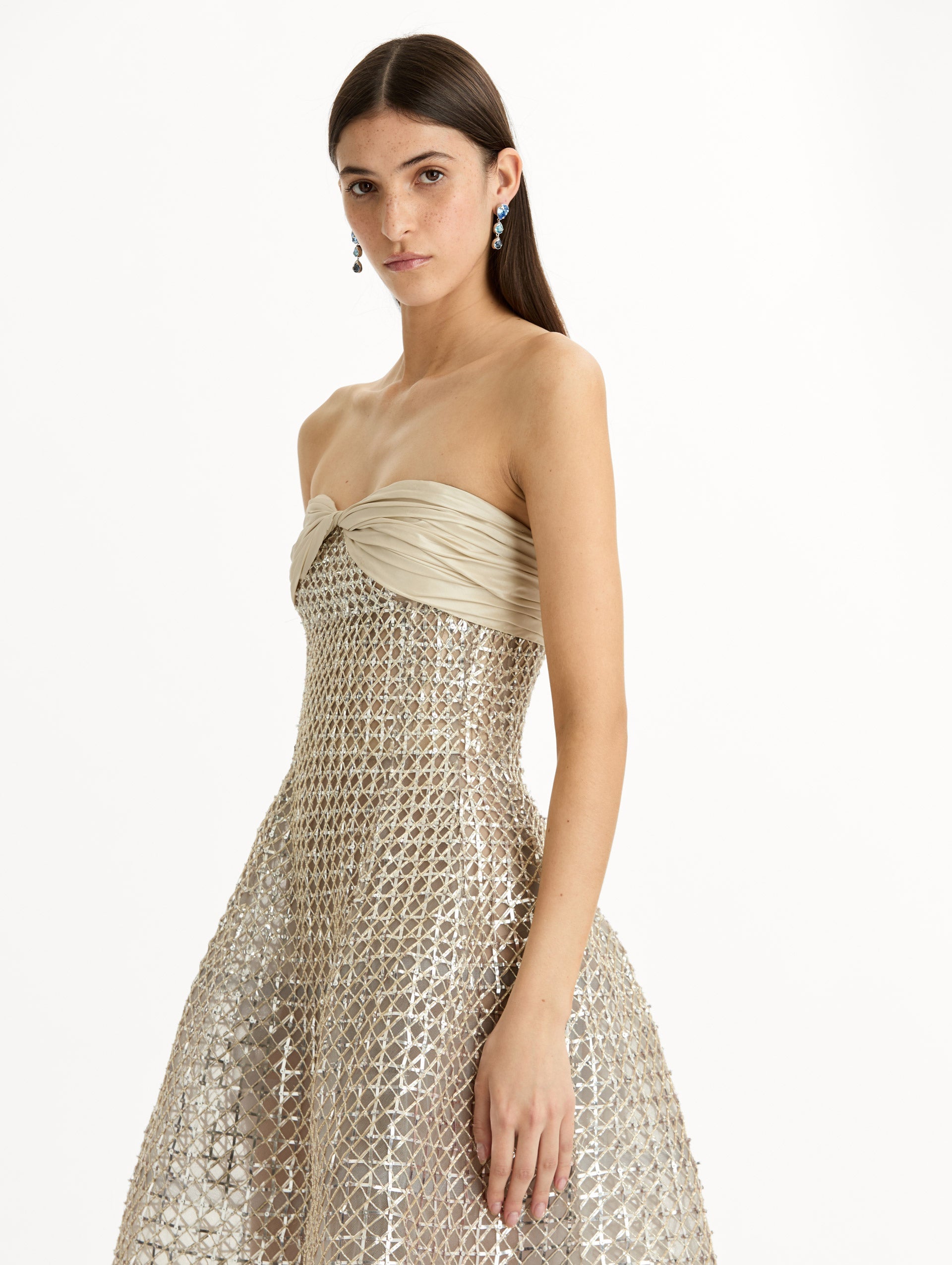 Sequin & Bugle Bead Lattice Gown Moon rock / Oscar de la Renta