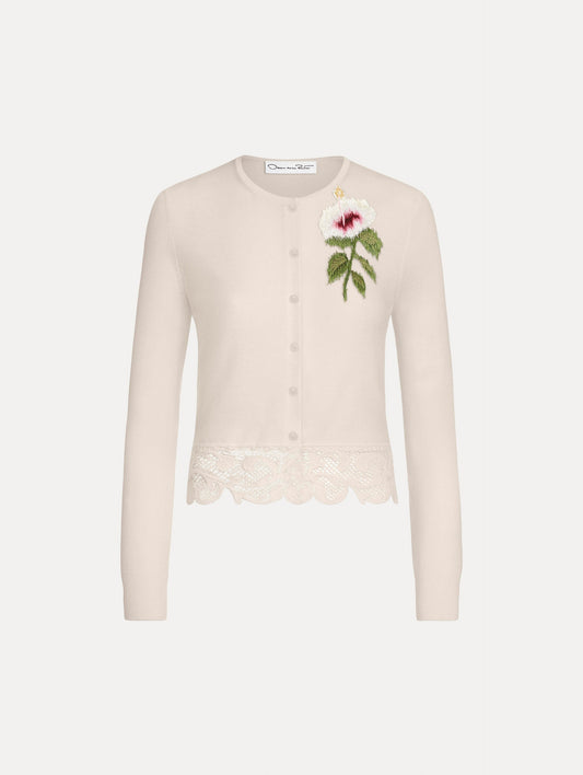Chiné Hibiscus Threadwork Cropped Cardigan Ivory / Oscar de la Renta