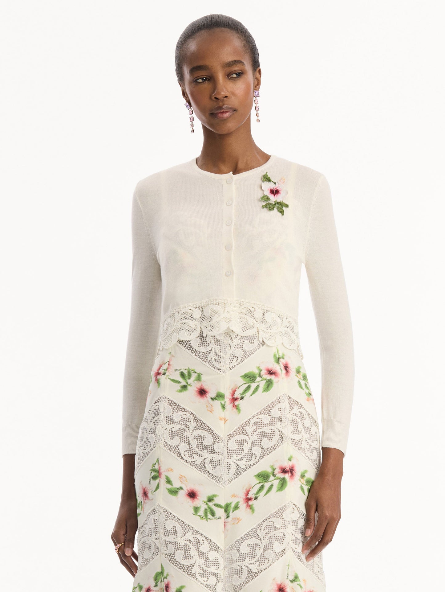 Chiné Hibiscus Threadwork Cropped Cardigan Ivory / Oscar de la Renta