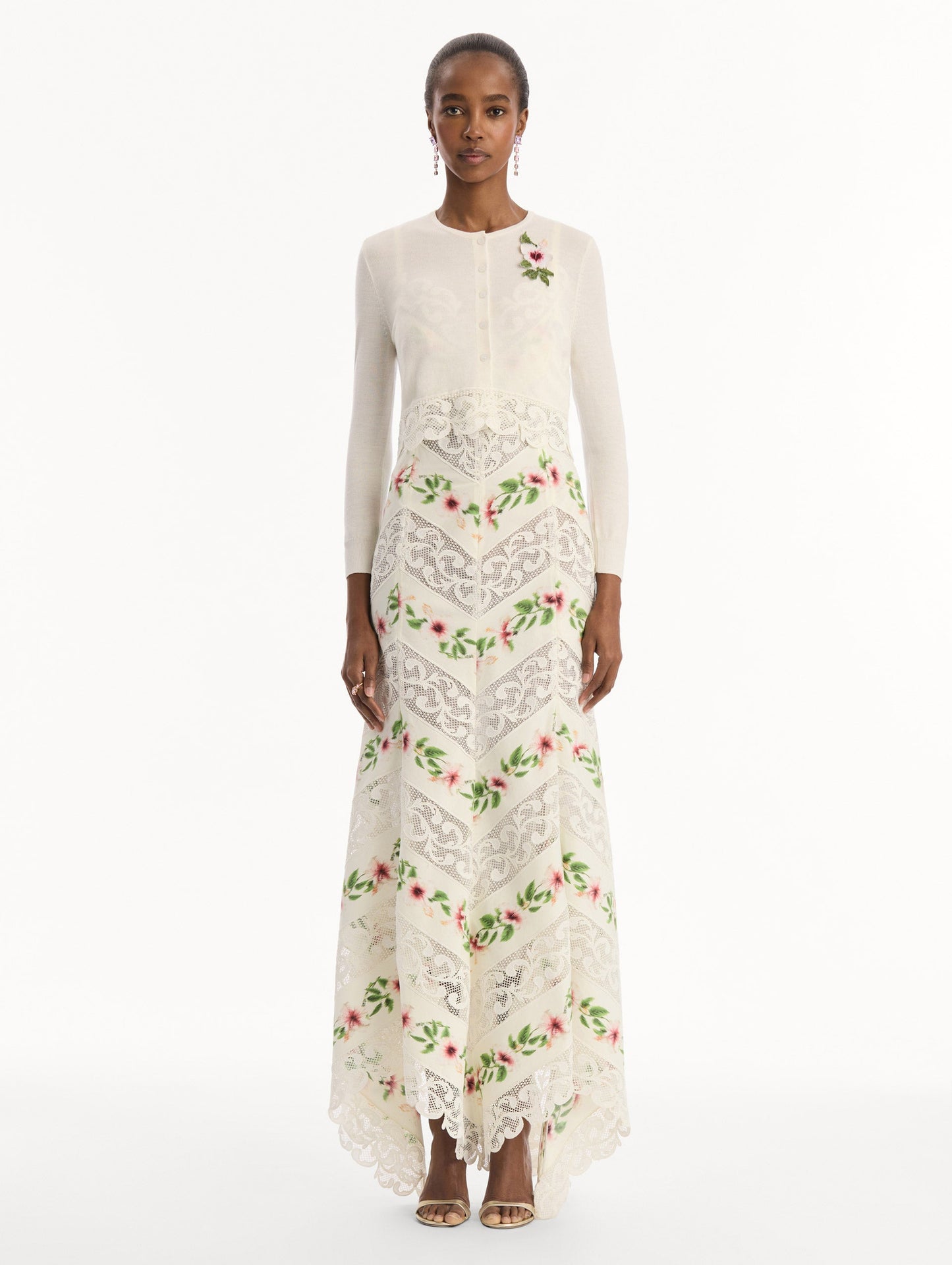 Chiné Hibiscus Threadwork Cropped Cardigan Ivory / Oscar de la Renta