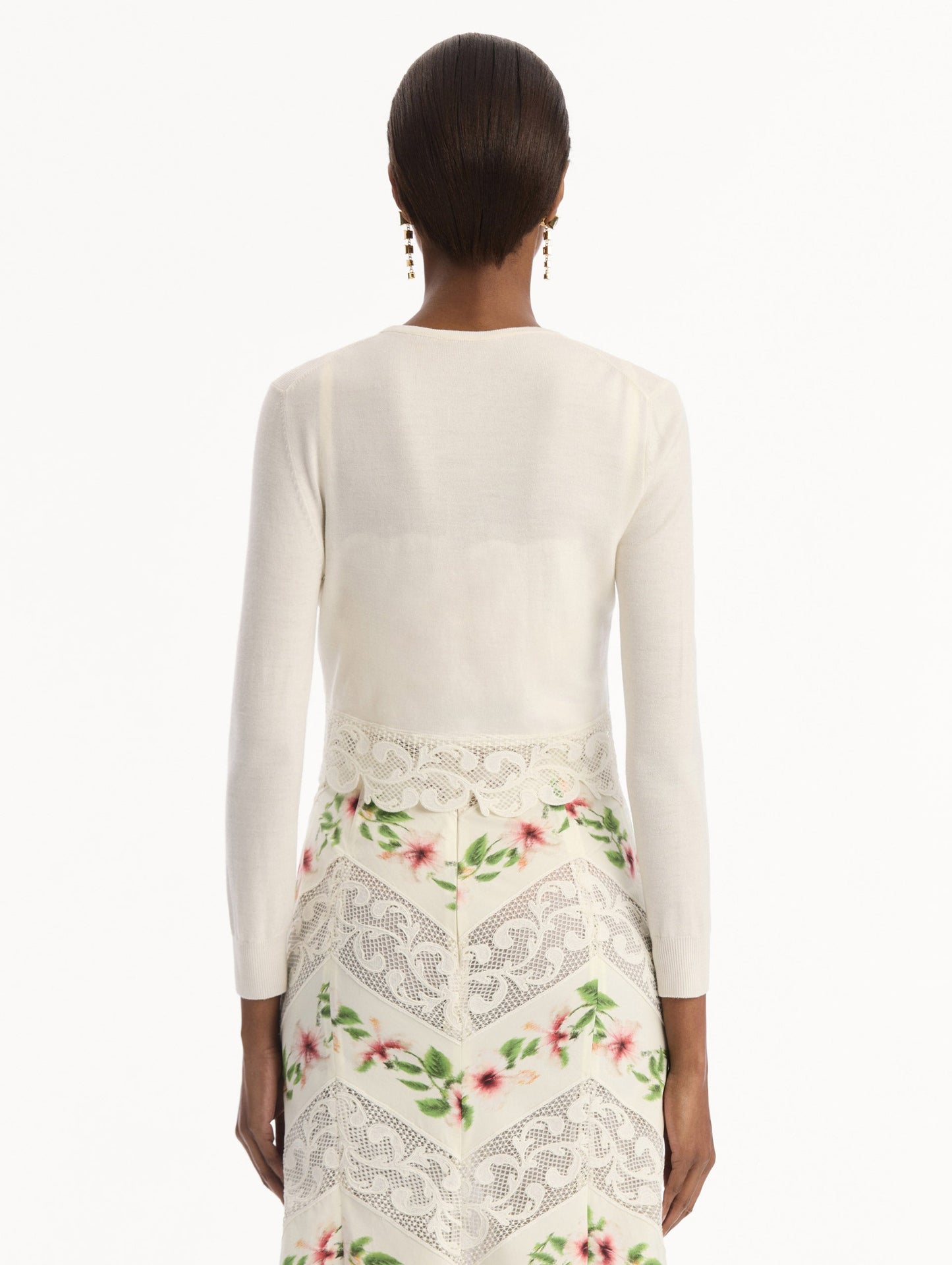 Chiné Hibiscus Threadwork Cropped Cardigan Ivory / Oscar de la Renta