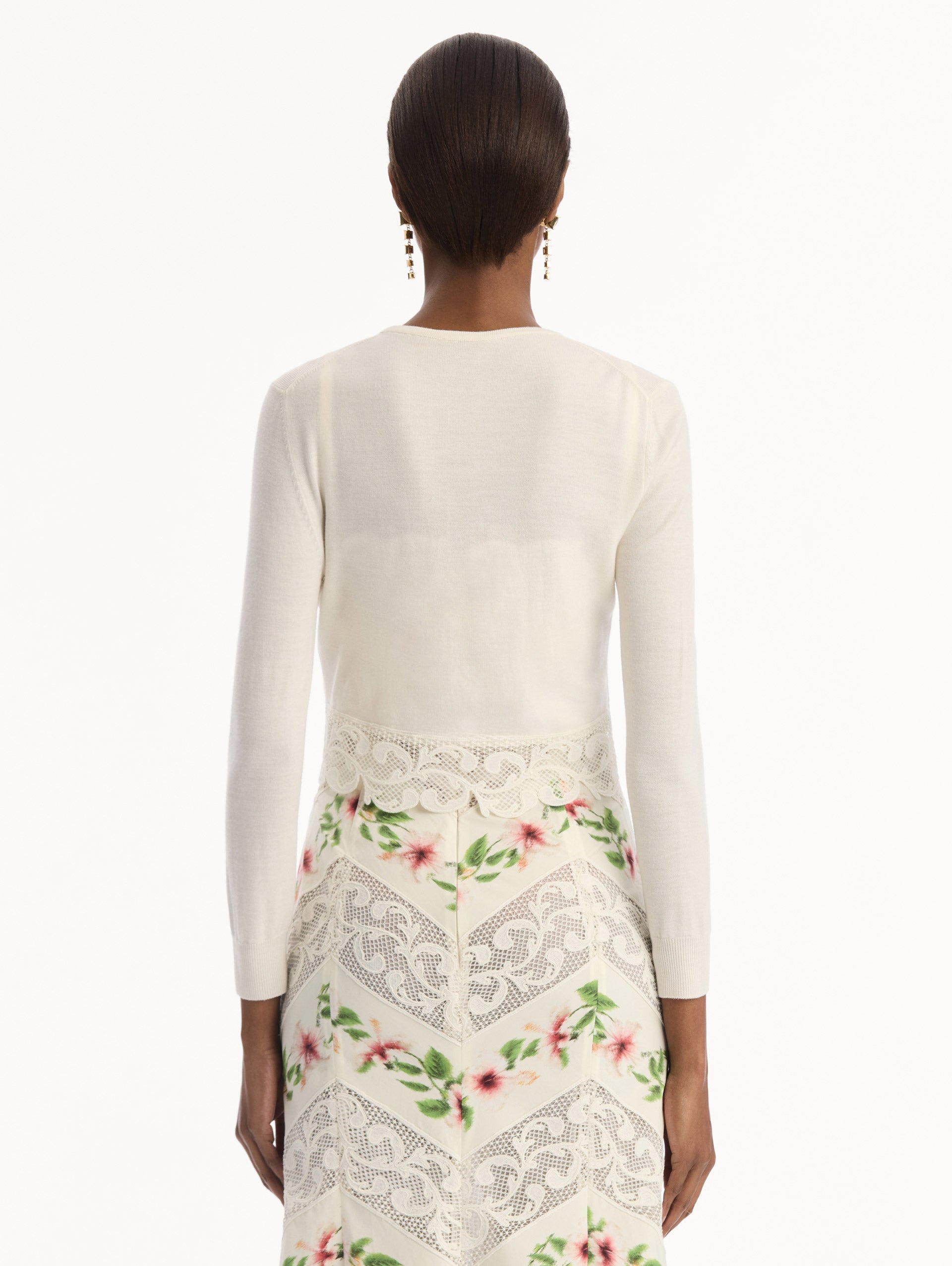 Chiné Hibiscus Threadwork Cropped Cardigan Ivory / Oscar de la Renta
