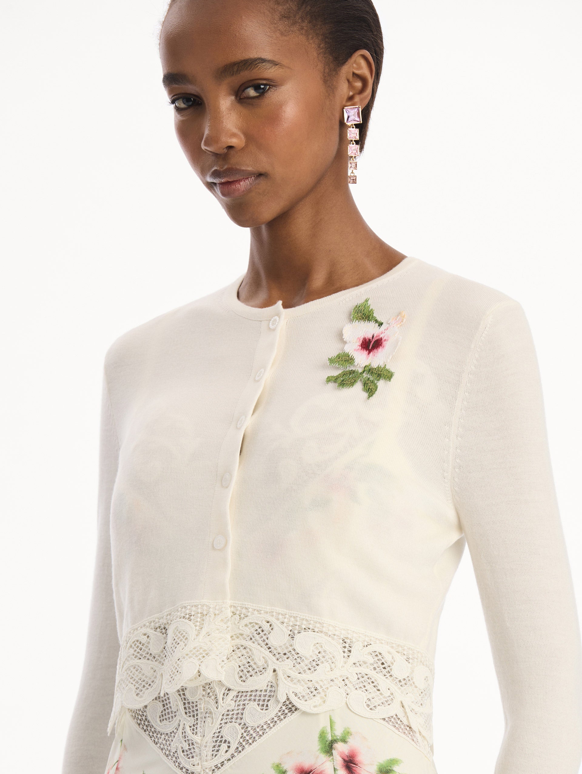 Chiné Hibiscus Threadwork Cropped Cardigan Ivory / Oscar de la Renta