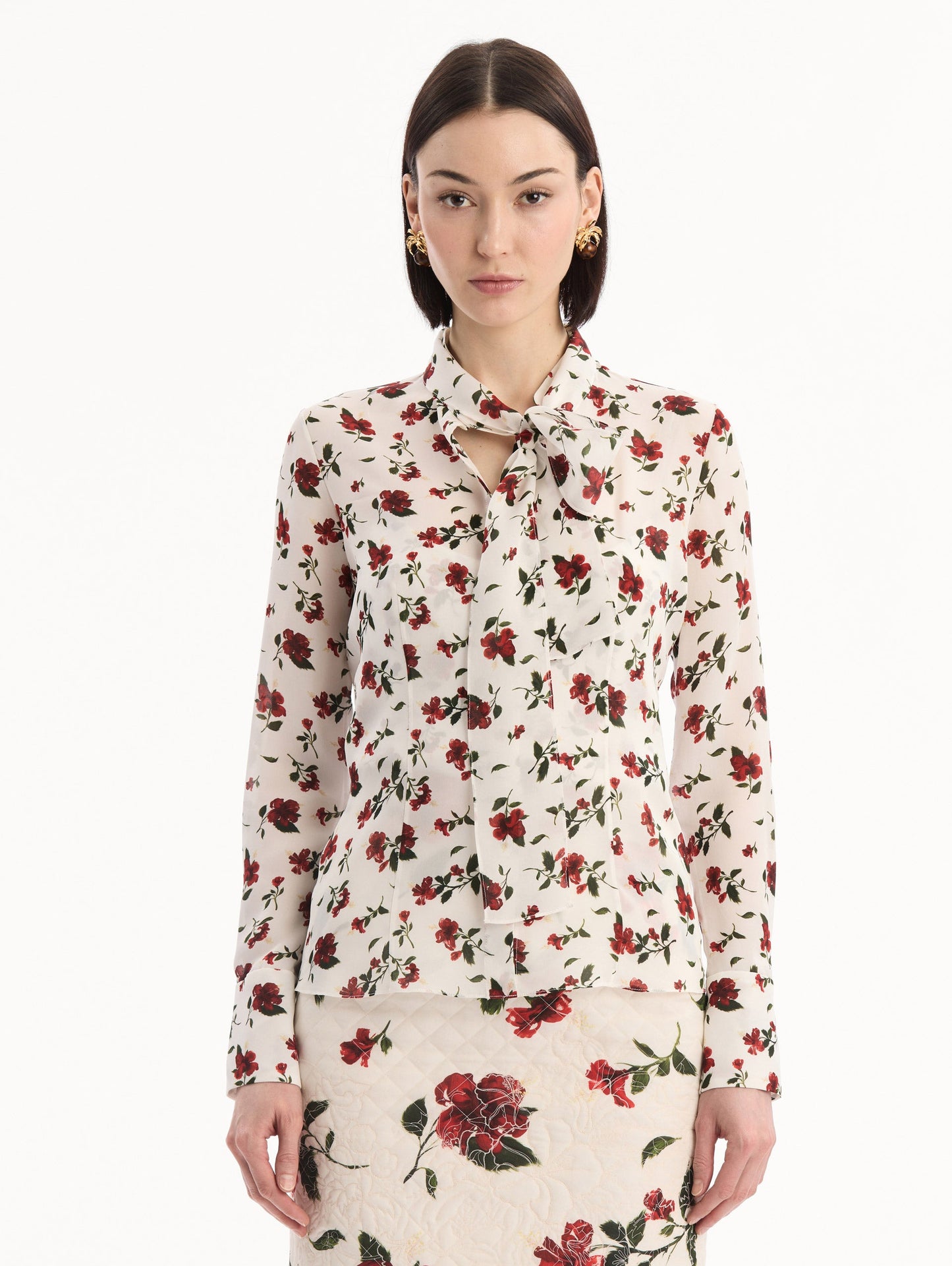 Hibiscus Silk Chiffon Blouse Red/white / Oscar de la Renta