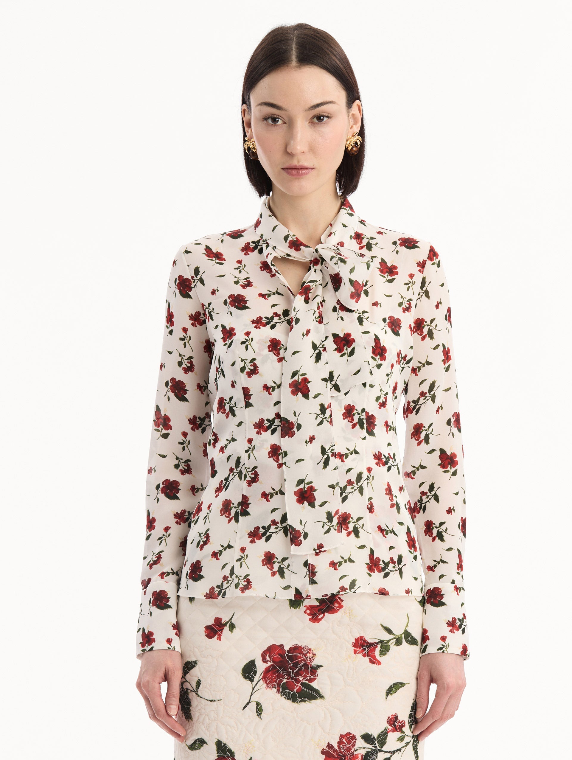 Hibiscus Silk Chiffon Blouse Red/white / Oscar de la Renta