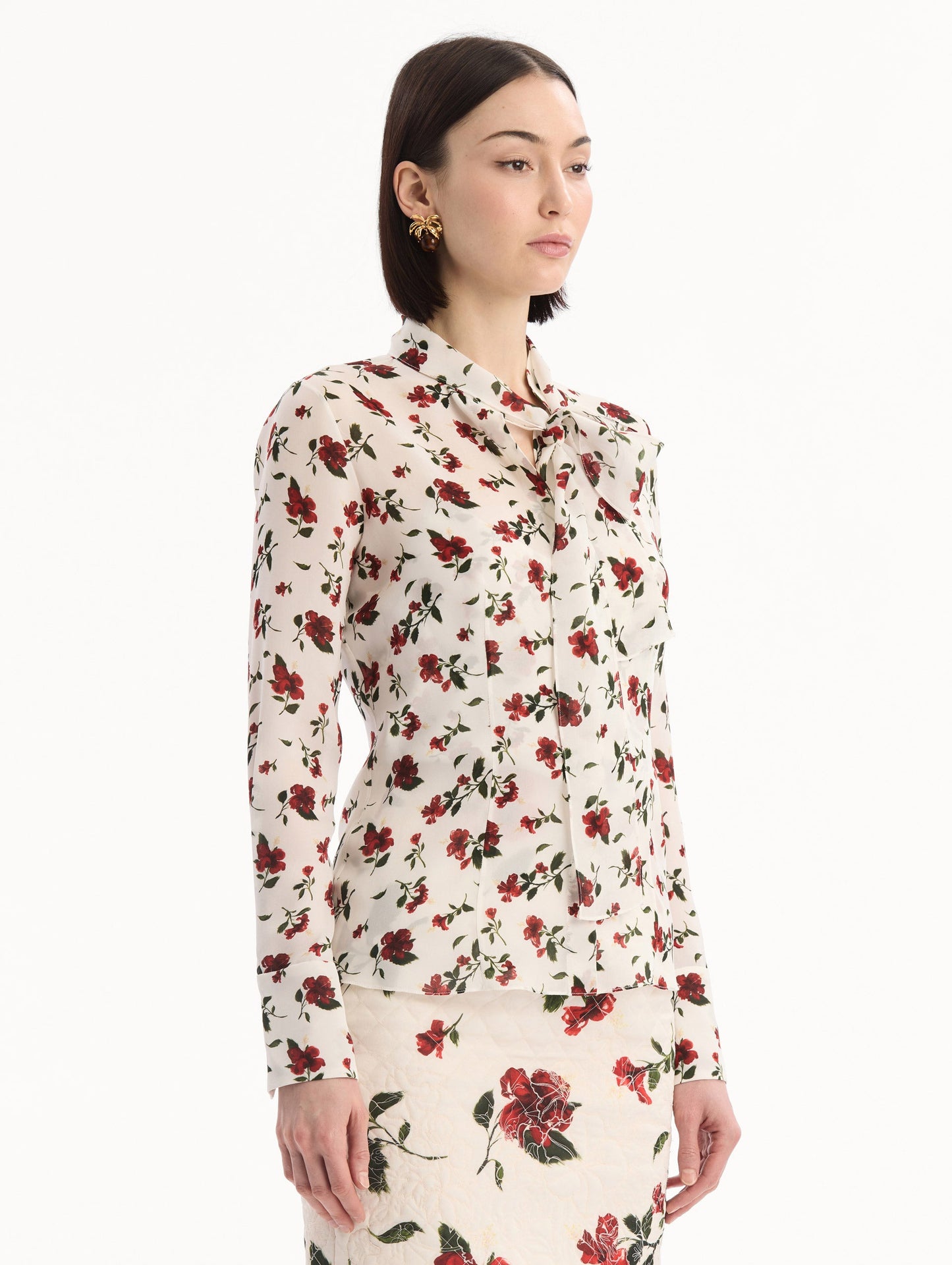 Hibiscus Silk Chiffon Blouse Red/white / Oscar de la Renta