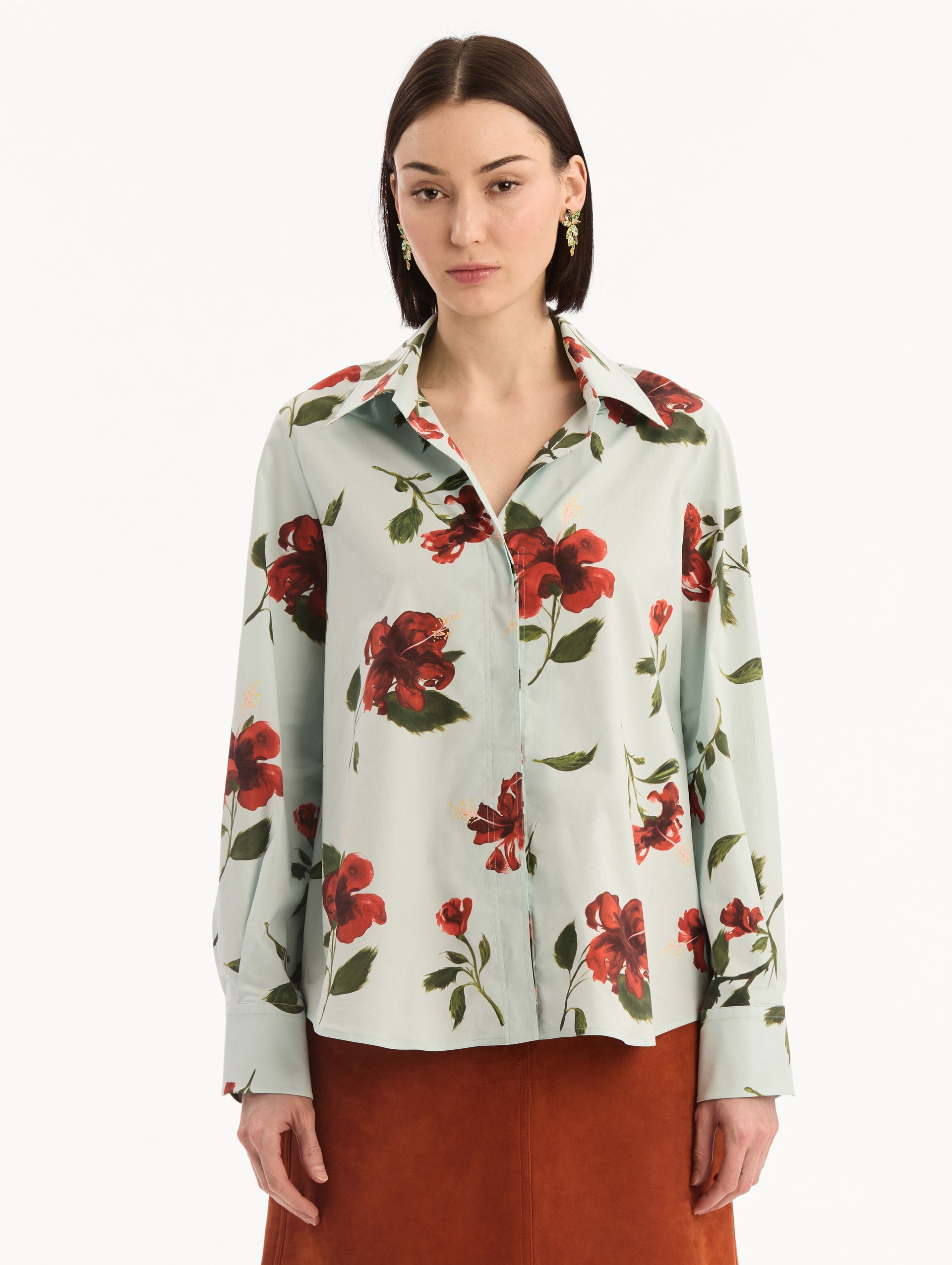 Hibiscus Cotton Poplin Blouse Red/saltwater / Oscar de la Renta