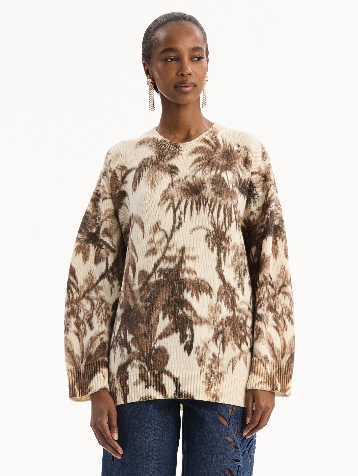 Chiné Palm Leaves Oversized Pullover Espresso ivory / Oscar de la Renta