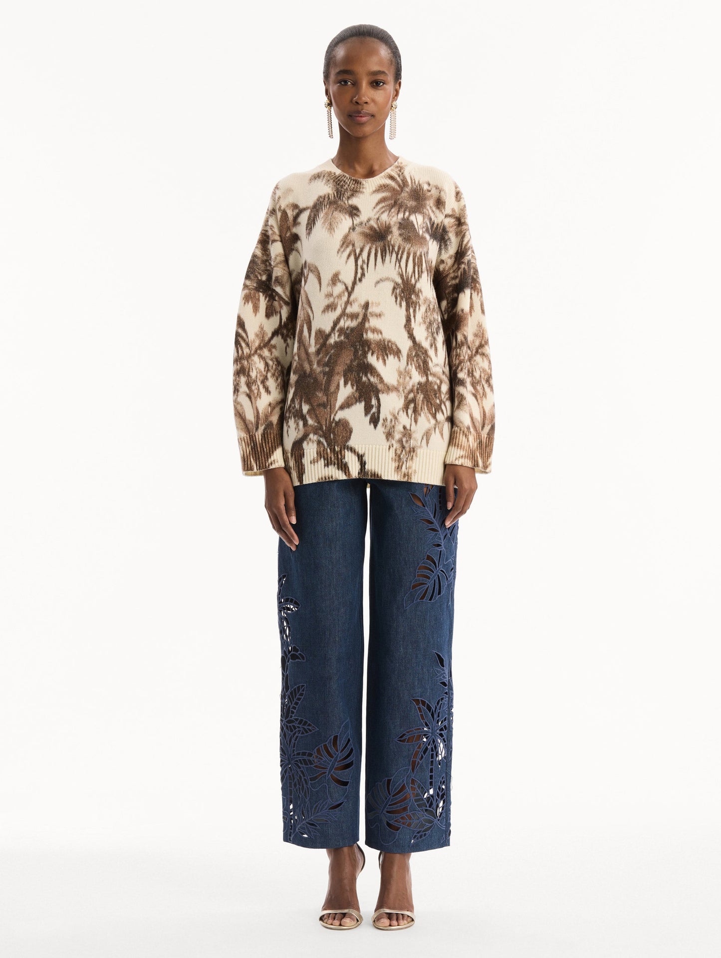 Chiné Palm Leaves Oversized Pullover Espresso ivory / Oscar de la Renta