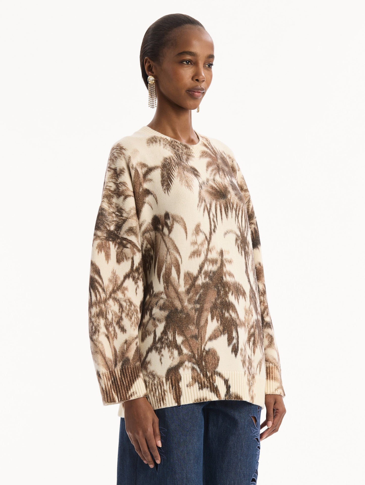 Chiné Palm Leaves Oversized Pullover Espresso ivory / Oscar de la Renta