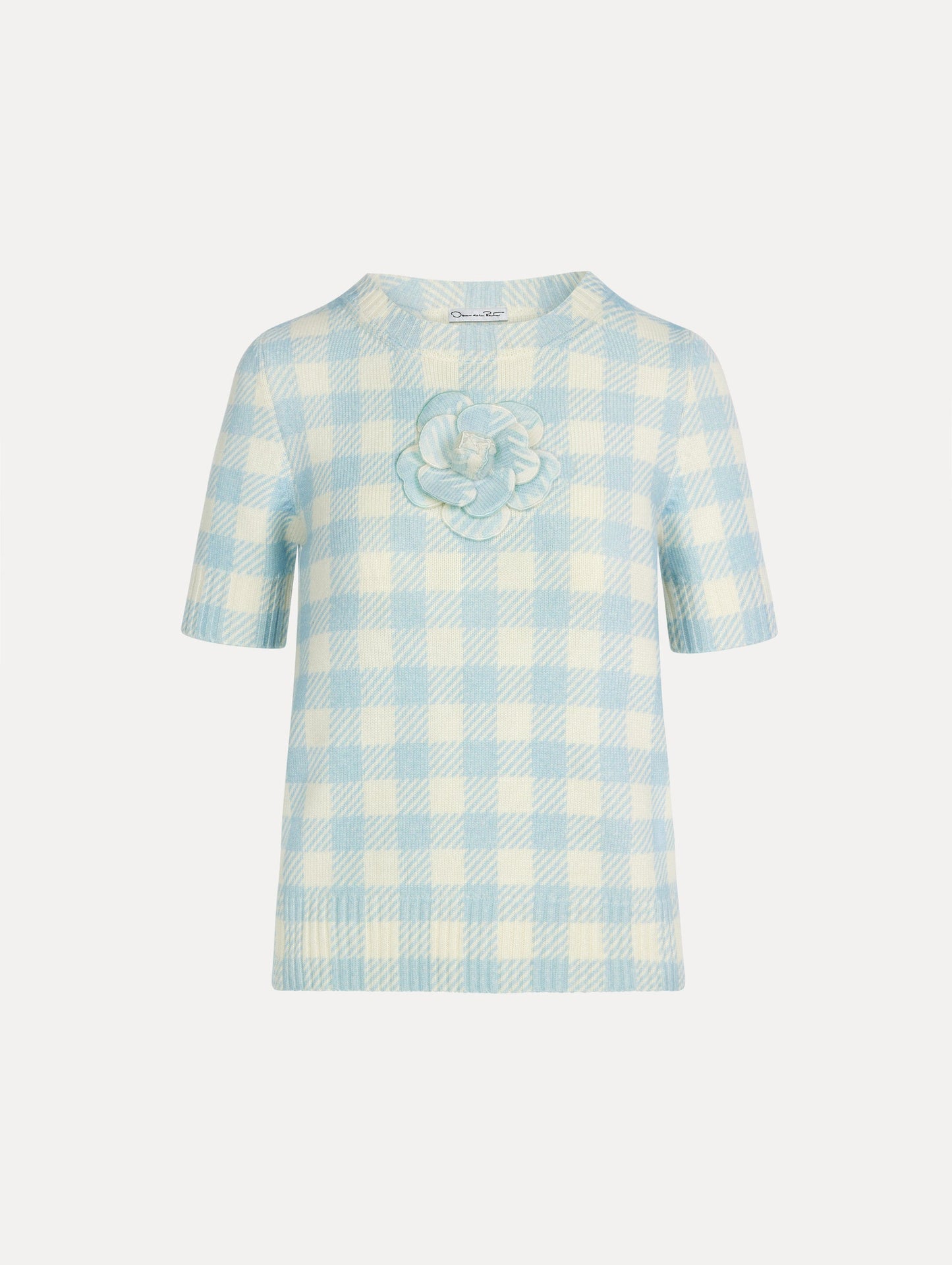 Gingham Pullover with Floral Appliqué Ice/white / Oscar de la Renta