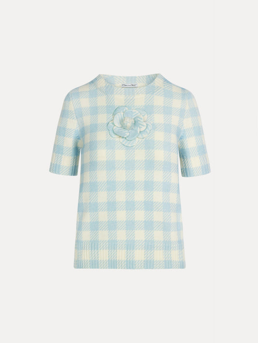 Gingham Pullover with Floral Appliqué Ice/white / Oscar de la Renta