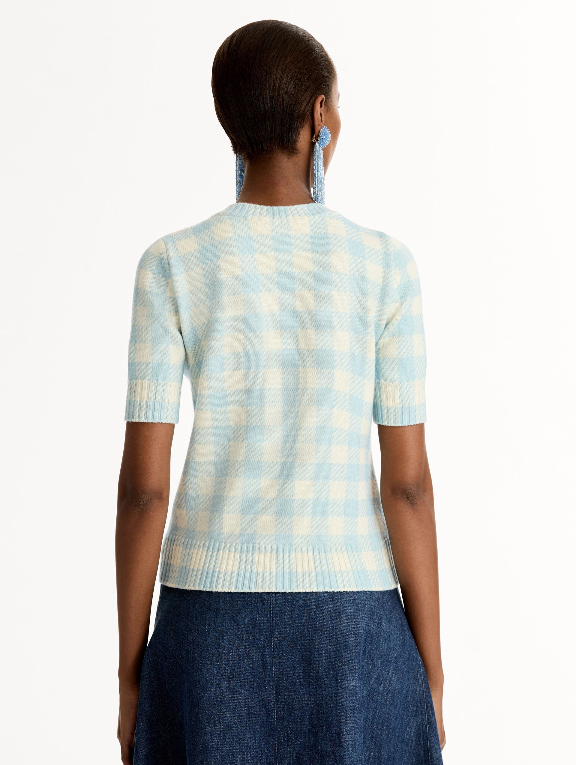 Gingham Pullover with Floral Appliqué Ice/white / Oscar de la Renta