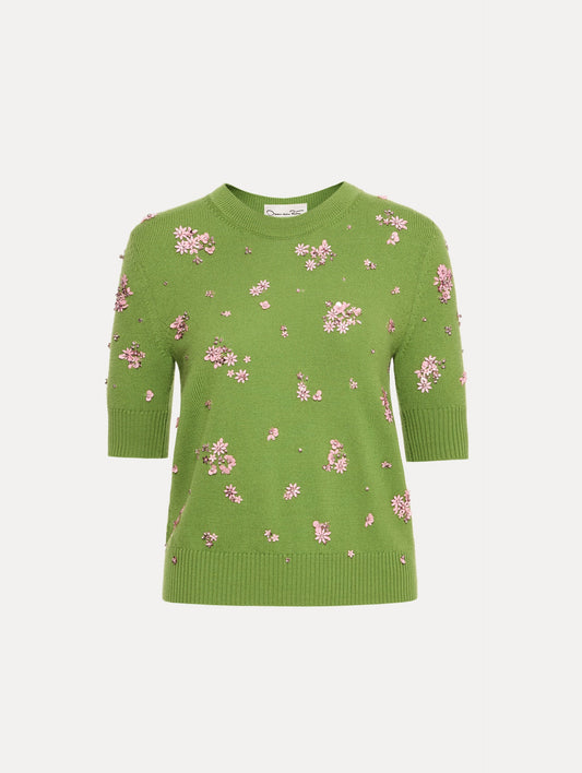 Crystal Cluster Embroidered Pullover Green/pink / Oscar de la Renta