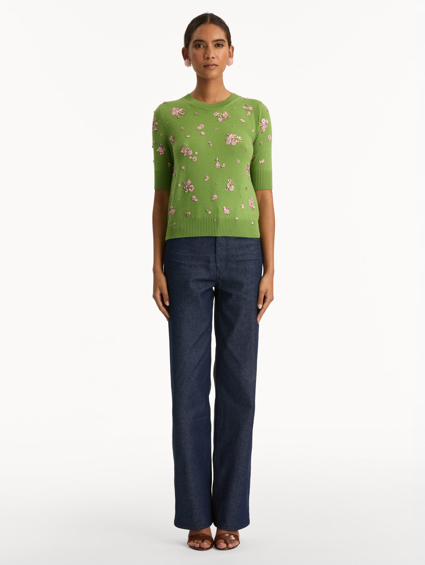 Crystal Cluster Embroidered Pullover Green/pink / Oscar de la Renta