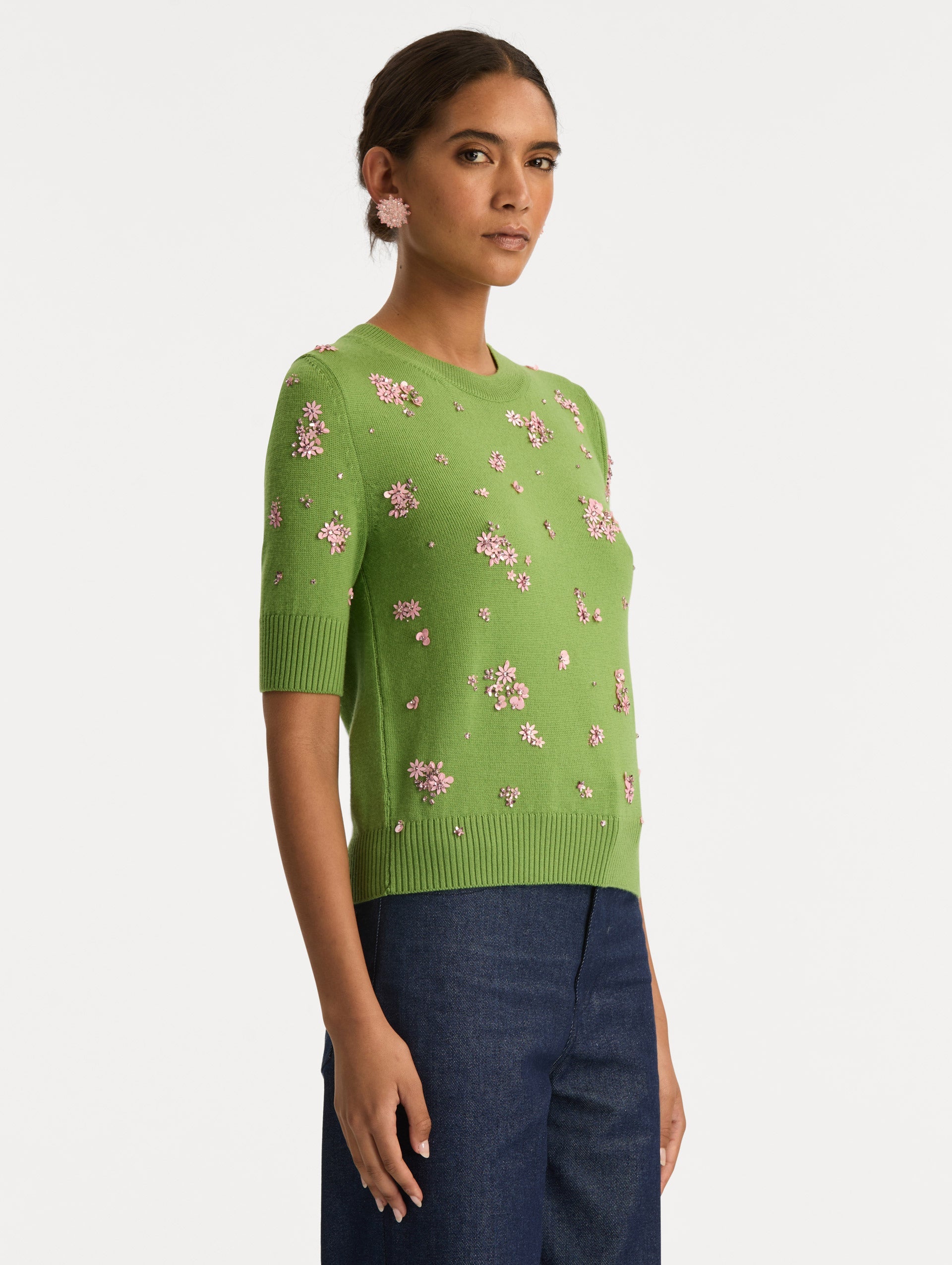 Crystal Cluster Embroidered Pullover Green/pink / Oscar de la Renta