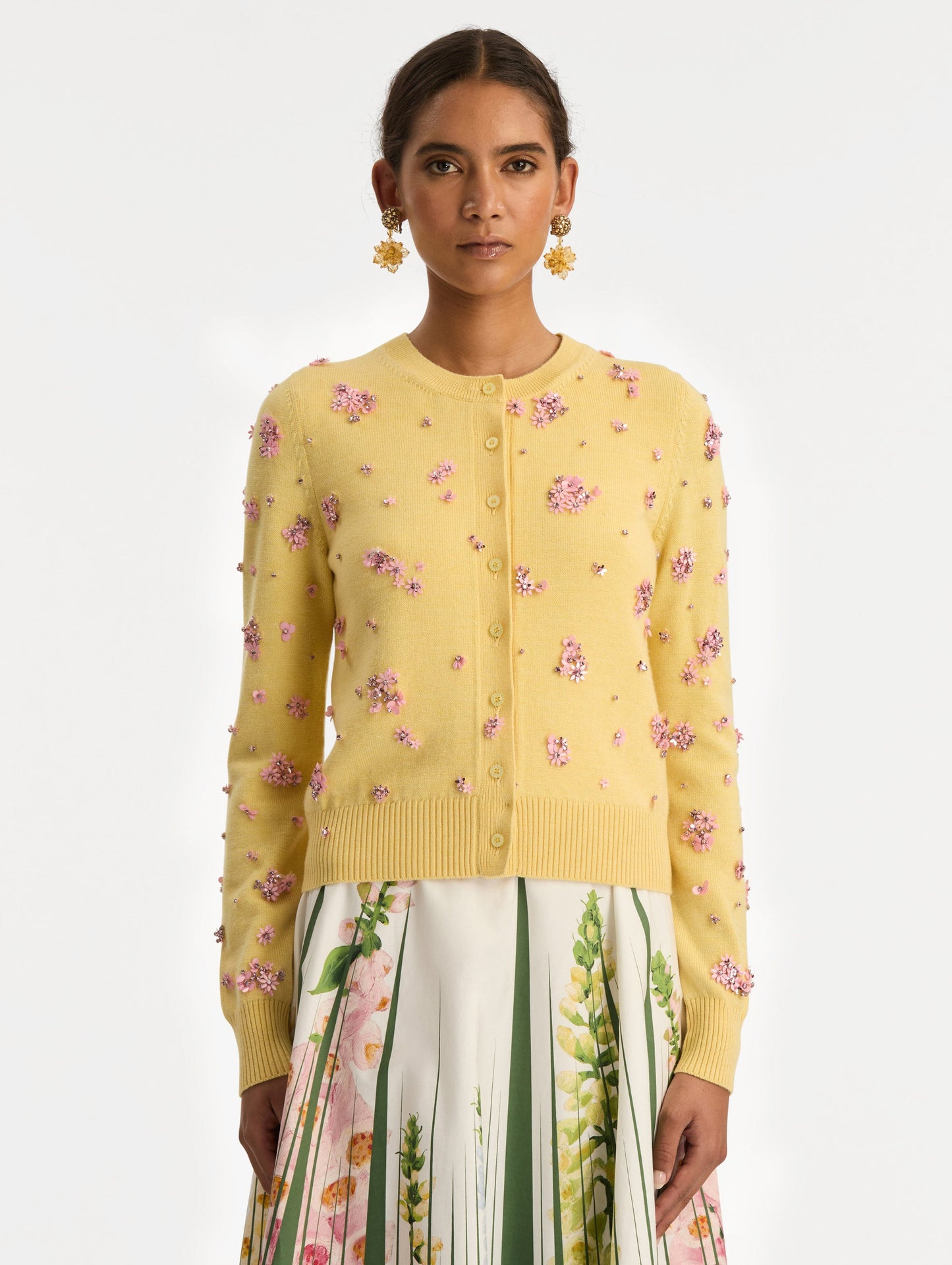Crystal Cluster Embroidered Cardigan Yellow/pink / Oscar de la Renta