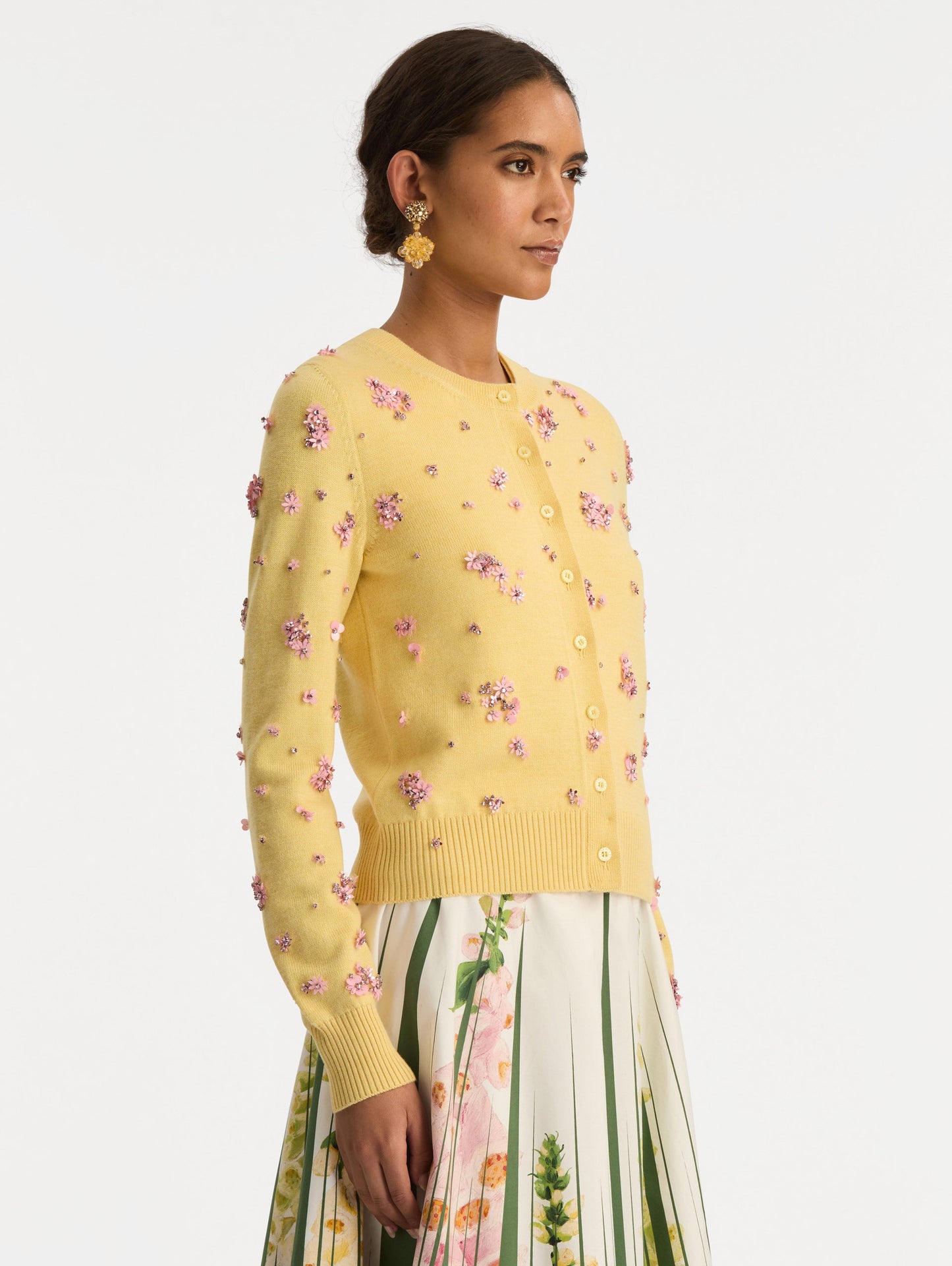 Crystal Cluster Embroidered Cardigan Yellow/pink / Oscar de la Renta