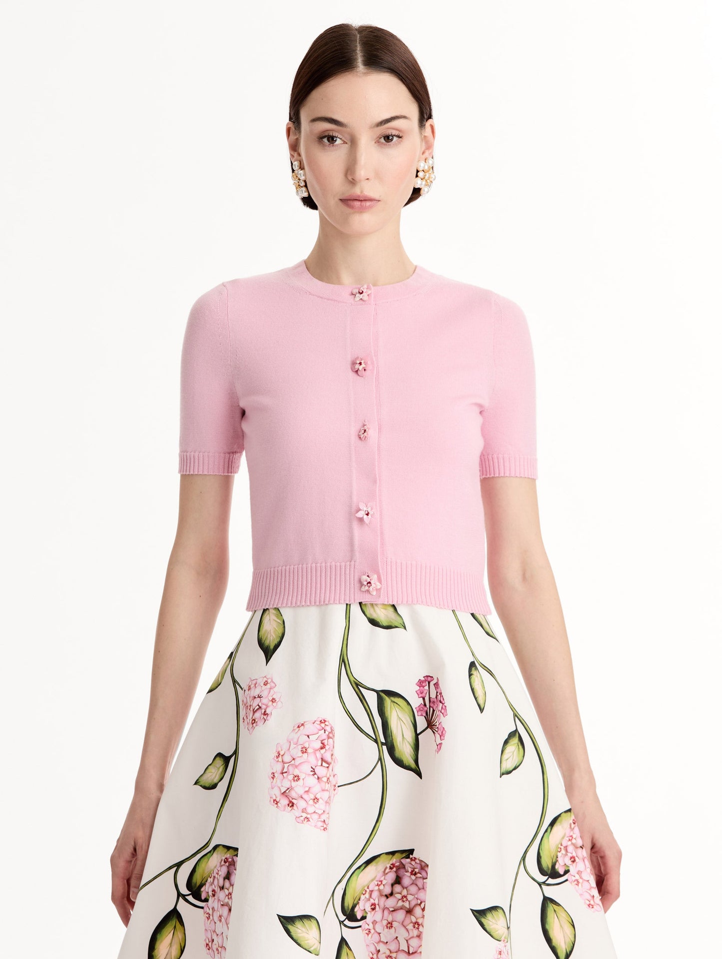 Floral Button Cropped Cardigan Pink pink / Oscar de la Renta
