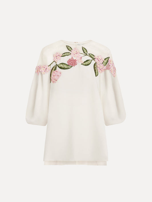 Porcelain Flower Embroidered Illusion Blouse Ivory / Oscar de la Renta
