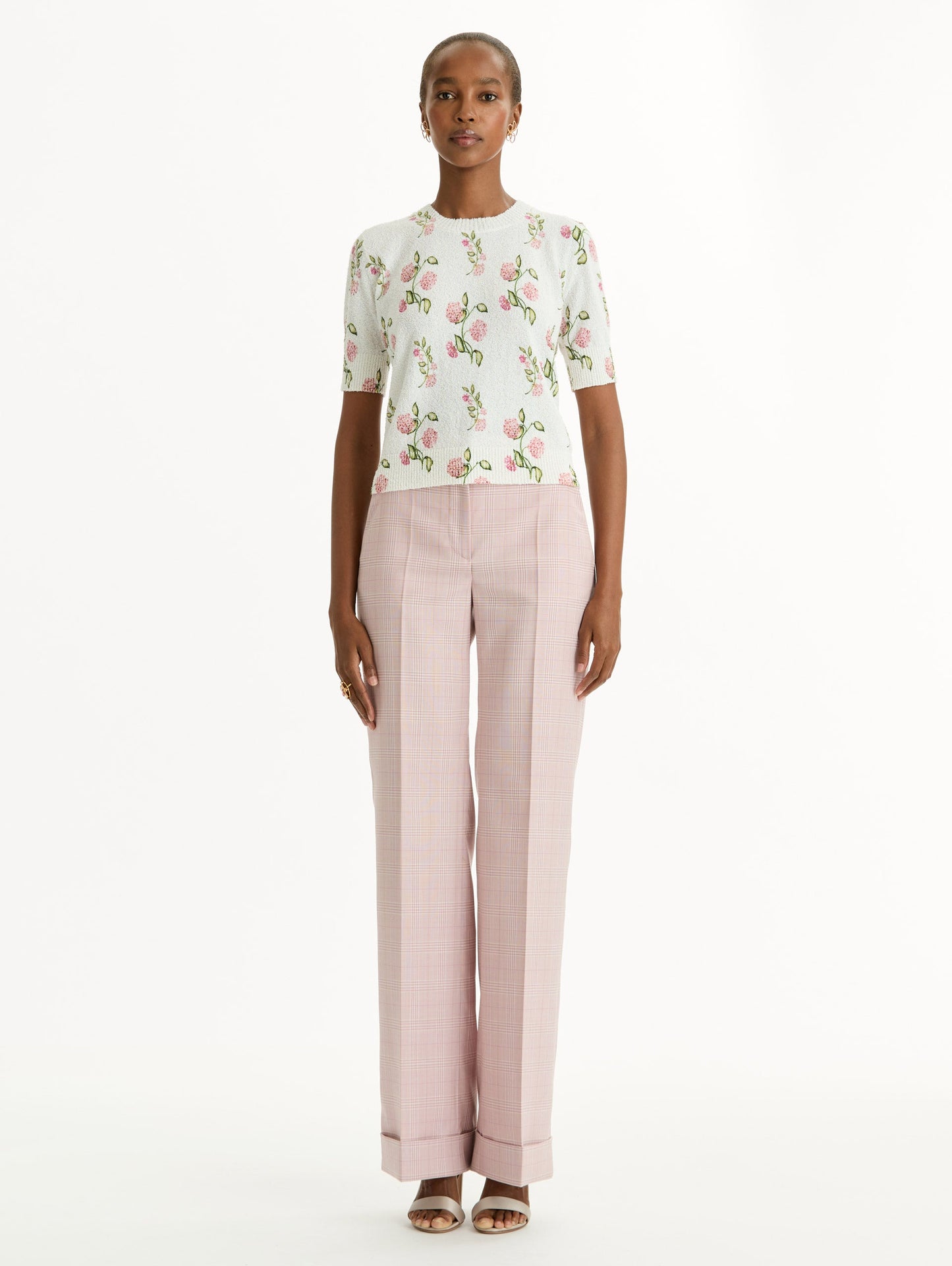 Porcelain Flower-Printed Embroidered Pullover Ivory/pink / Oscar de la Renta