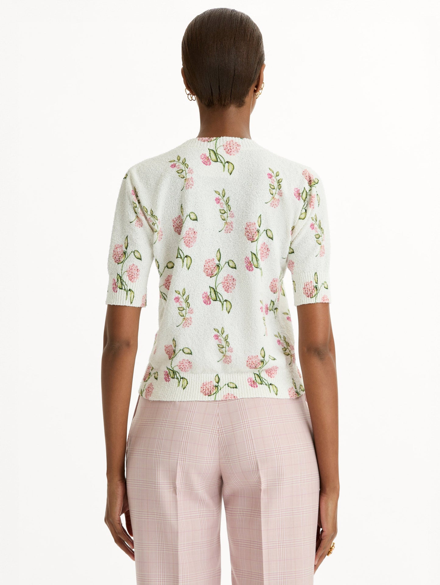 Porcelain Flower-Printed Embroidered Pullover Ivory/pink / Oscar de la Renta