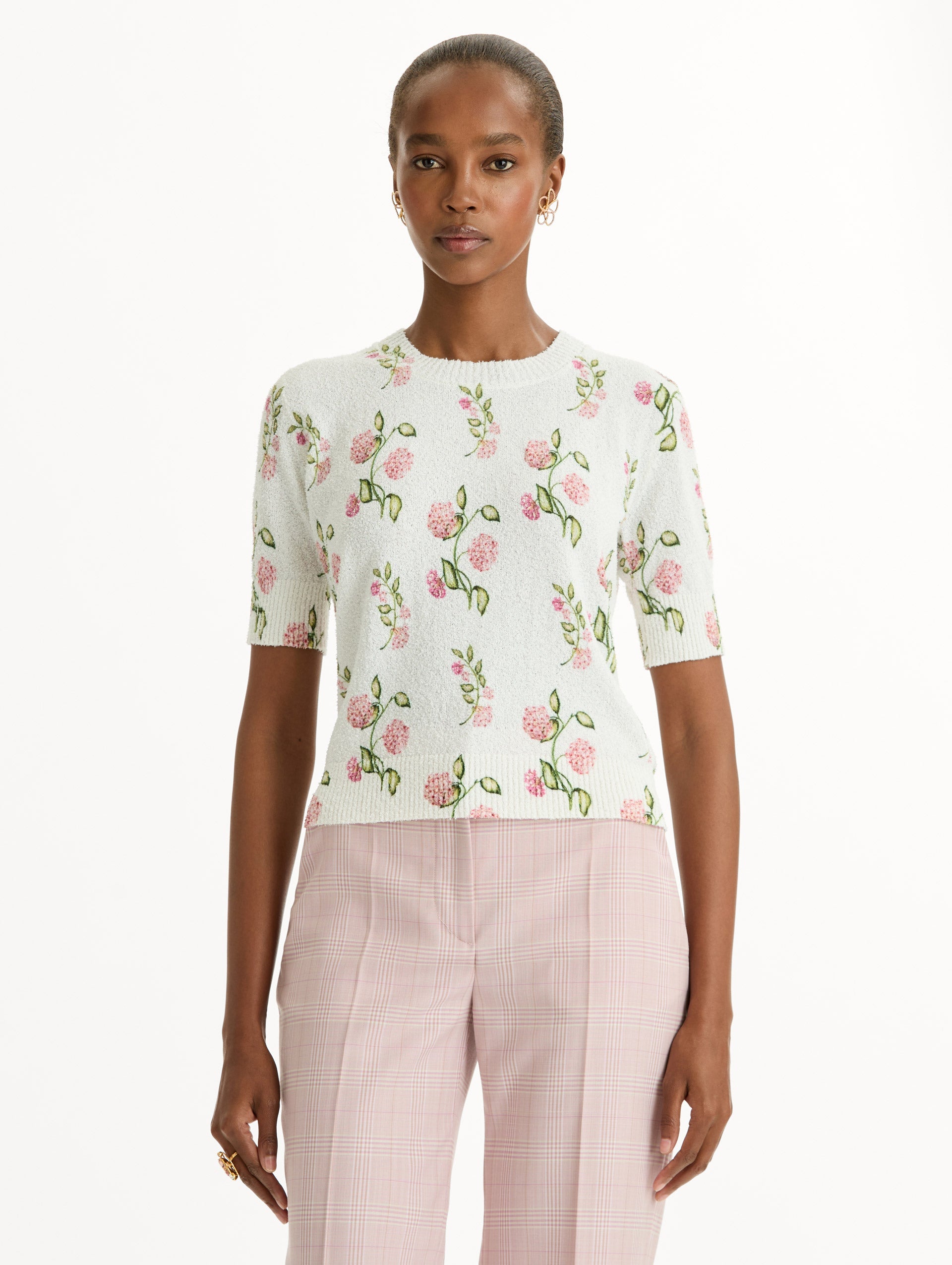 Porcelain Flower-Printed Embroidered Pullover Ivory/pink / Oscar de la Renta