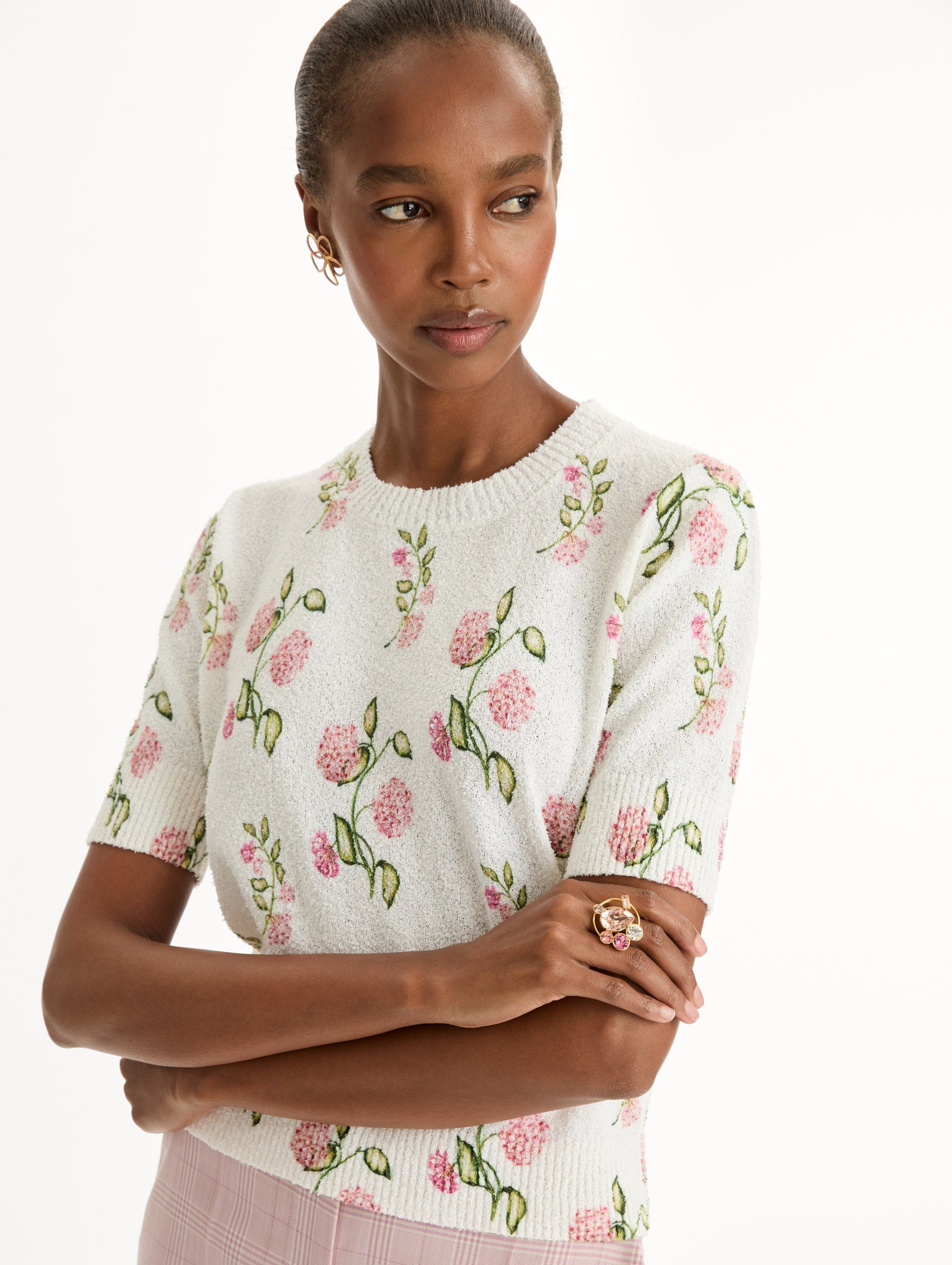 Porcelain Flower-Printed Embroidered Pullover Ivory/pink / Oscar de la Renta