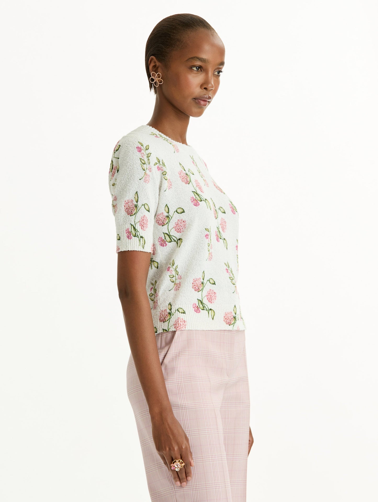 Porcelain Flower-Printed Embroidered Pullover Ivory/pink / Oscar de la Renta