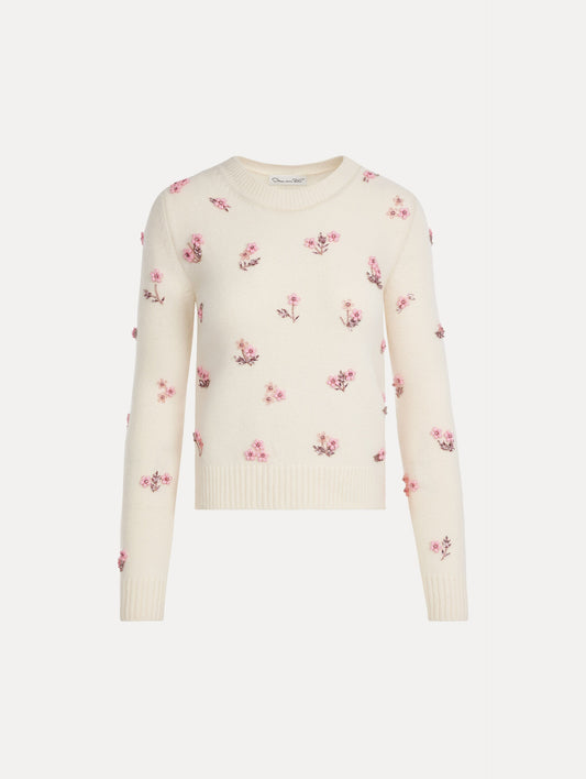 Porcelain Flower Sequin Embroidered Pullover Ivory / Oscar de la Renta