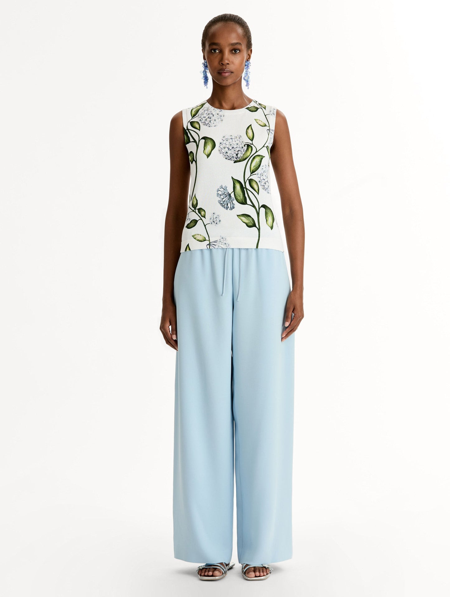Porcelain Flower-Printed Tank Denim/white / Oscar de la Renta