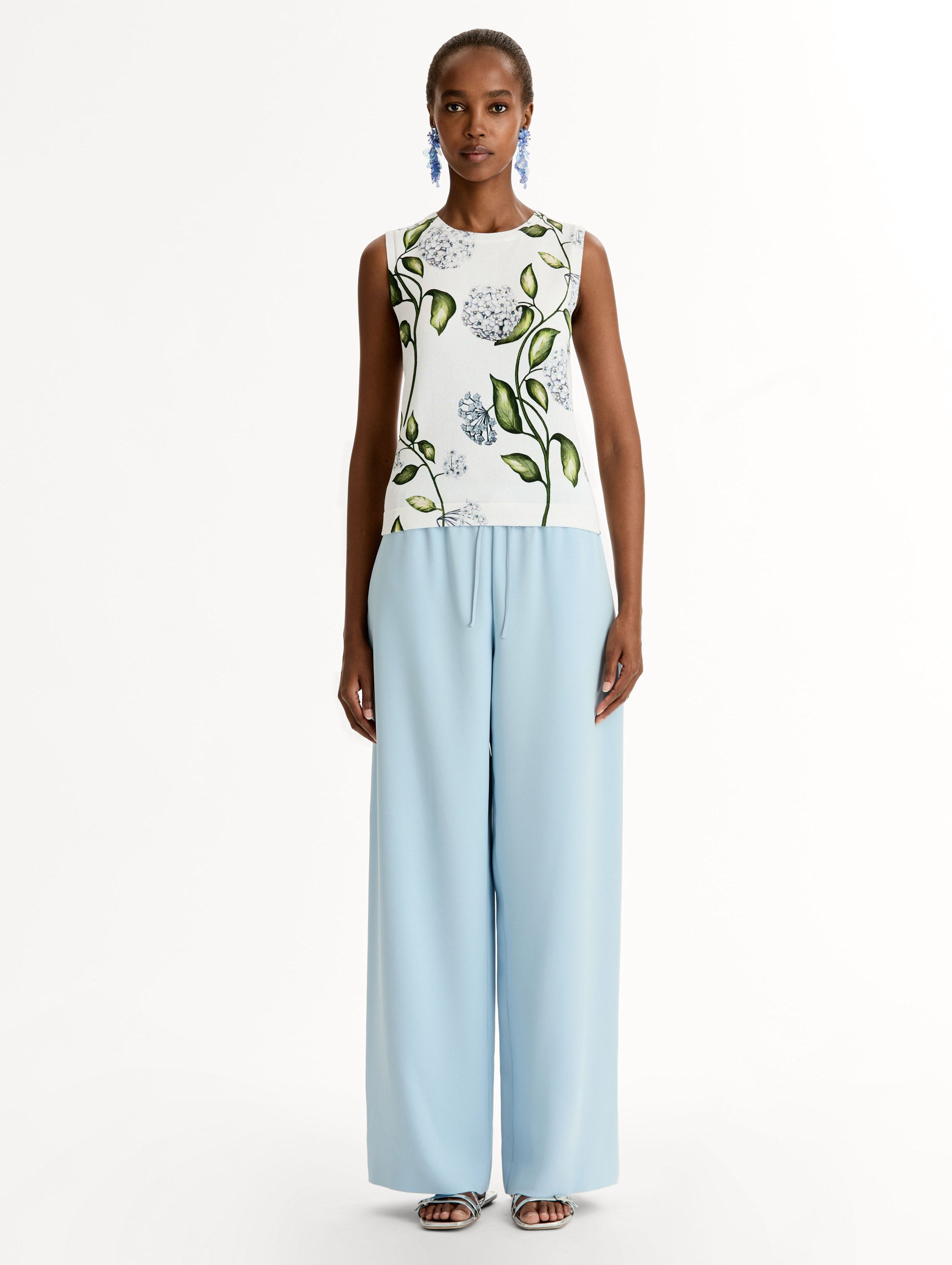 Porcelain Flower-Printed Tank Denim/white / Oscar de la Renta