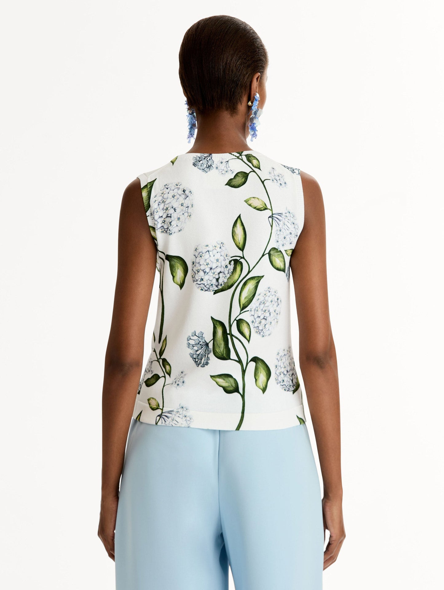 Porcelain Flower-Printed Tank Denim/white / Oscar de la Renta