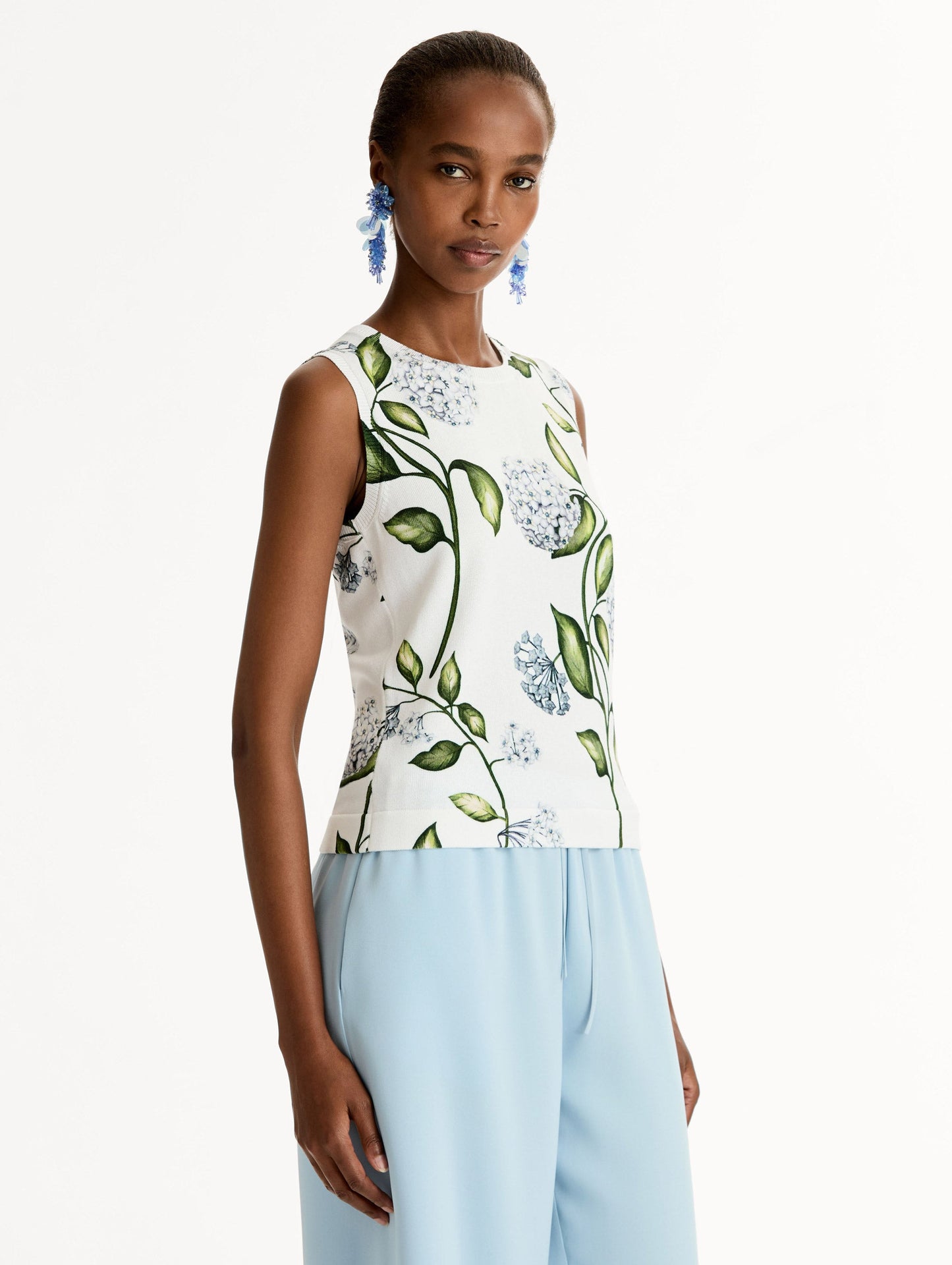 Porcelain Flower-Printed Tank Denim/white / Oscar de la Renta