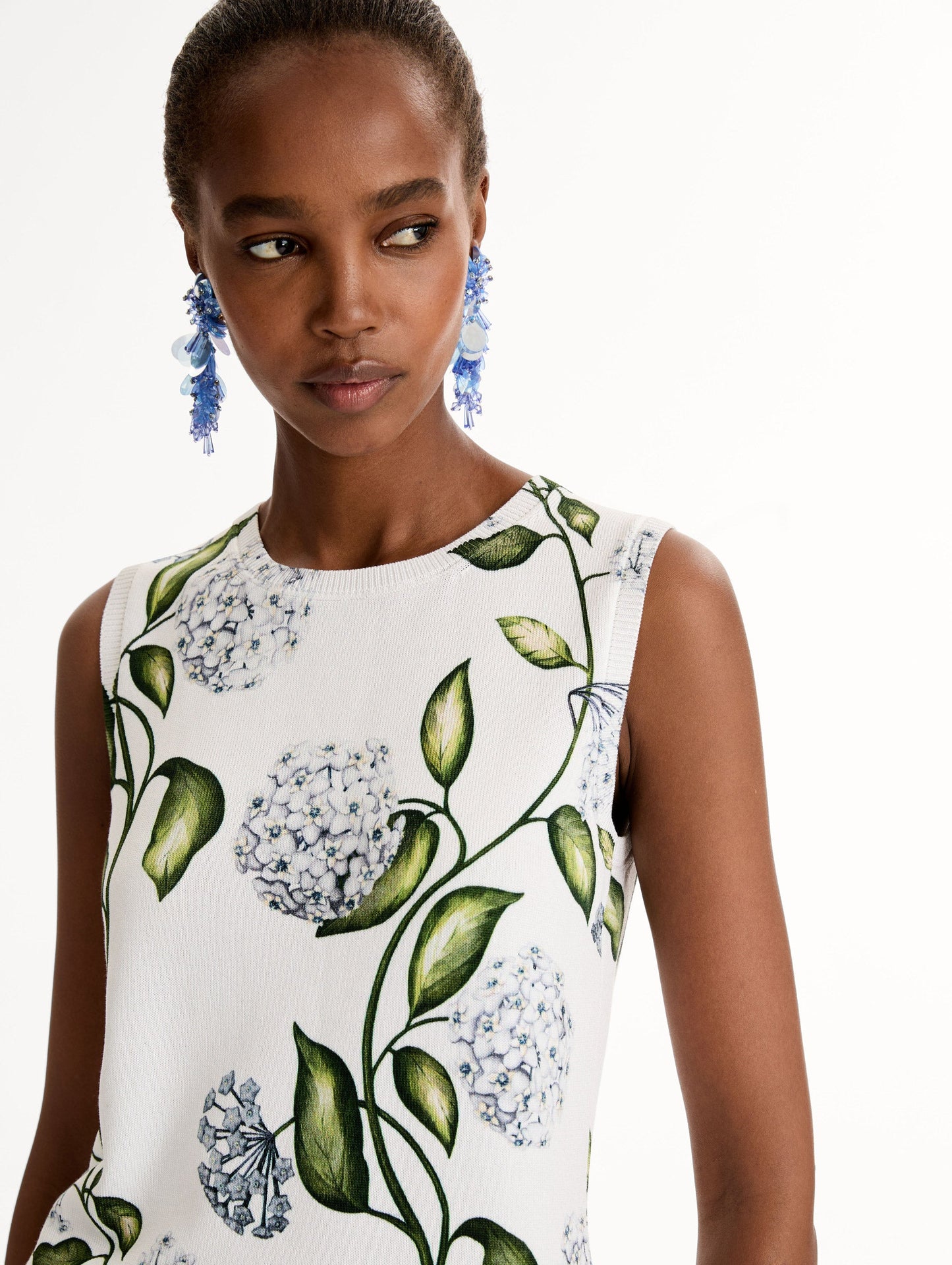 Porcelain Flower-Printed Tank Denim/white / Oscar de la Renta