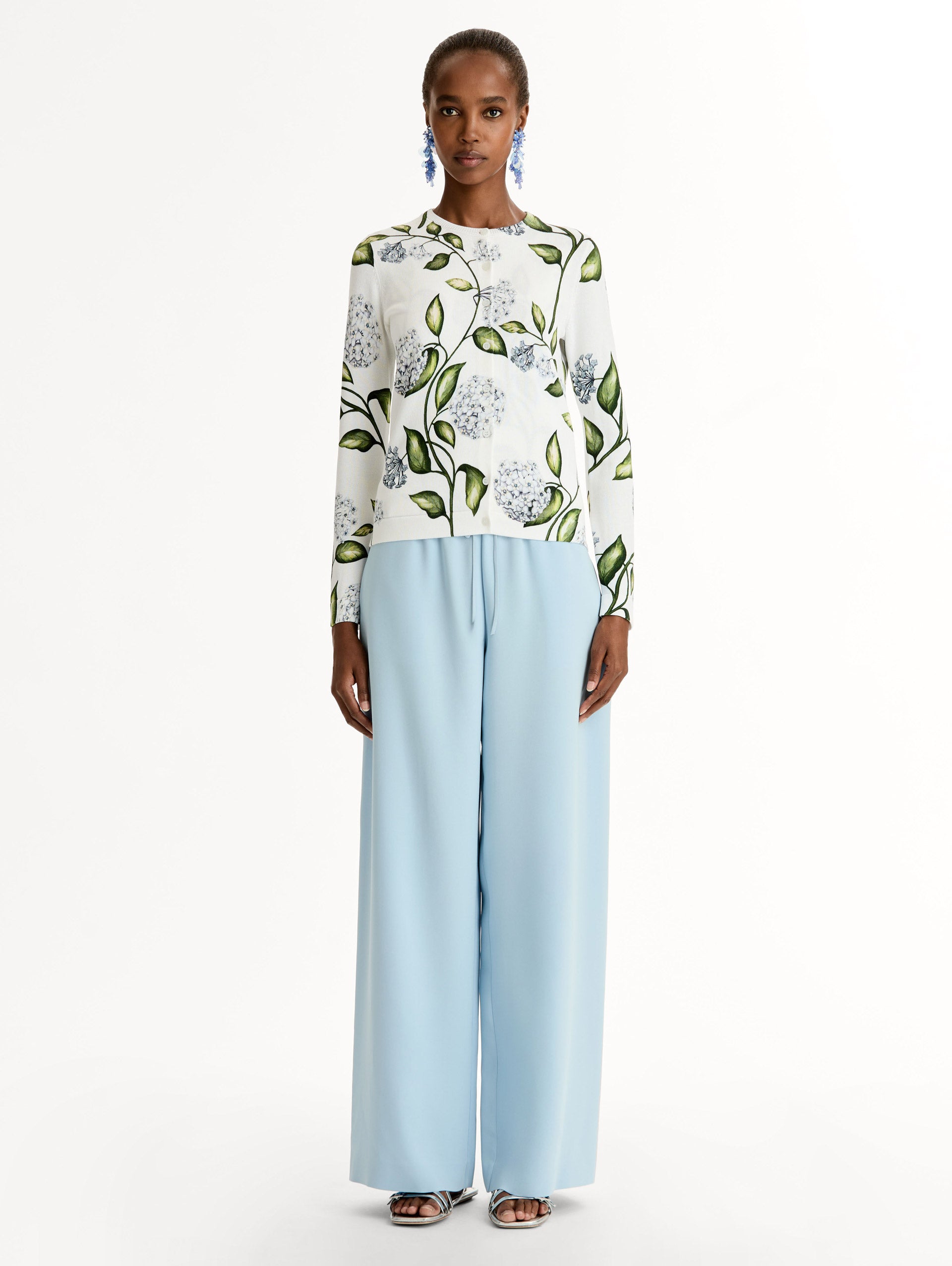 Porcelain Flower-Printed Cardigan Denim/white / Oscar de la Renta