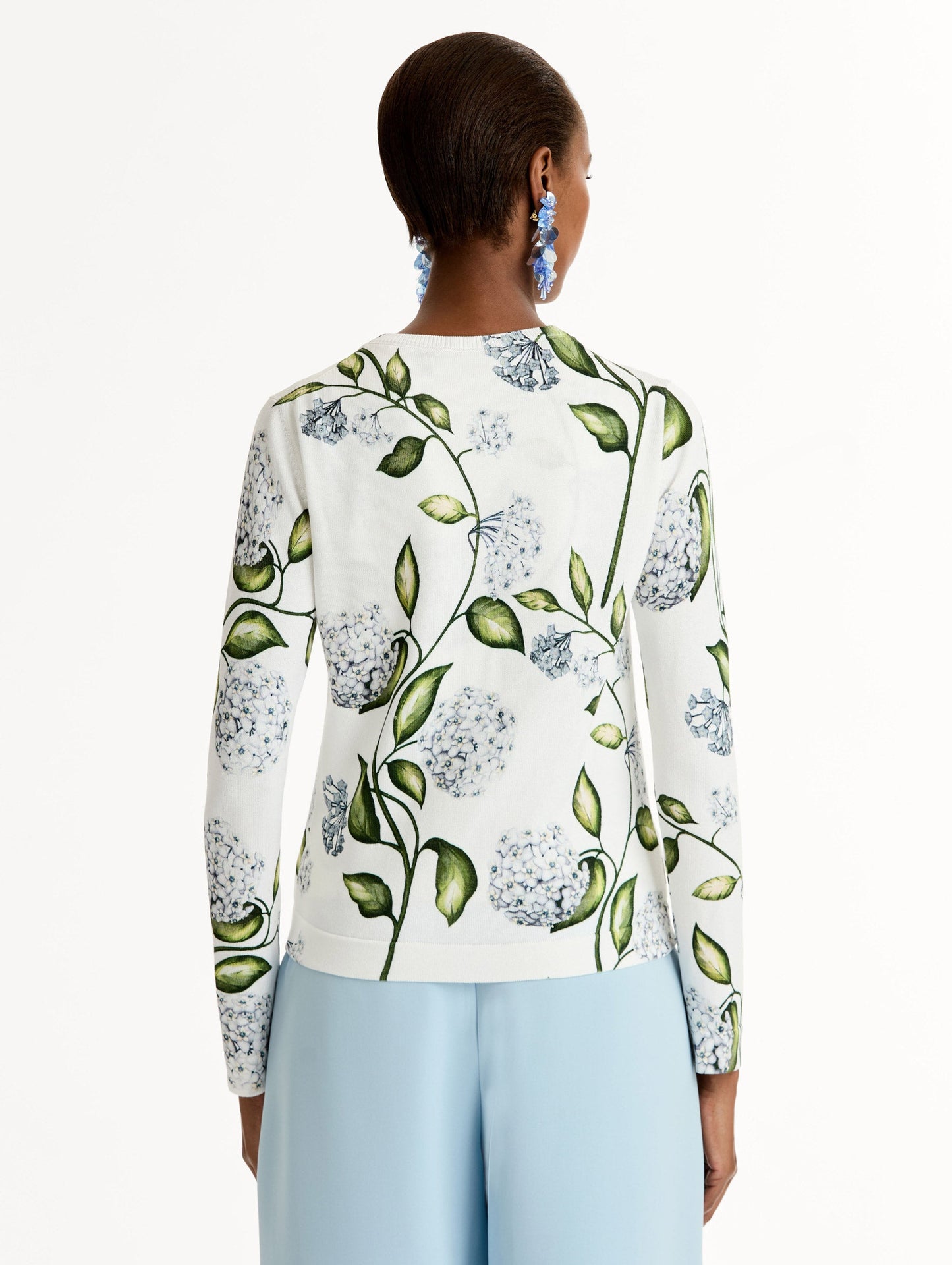 Porcelain Flower-Printed Cardigan Denim/white / Oscar de la Renta